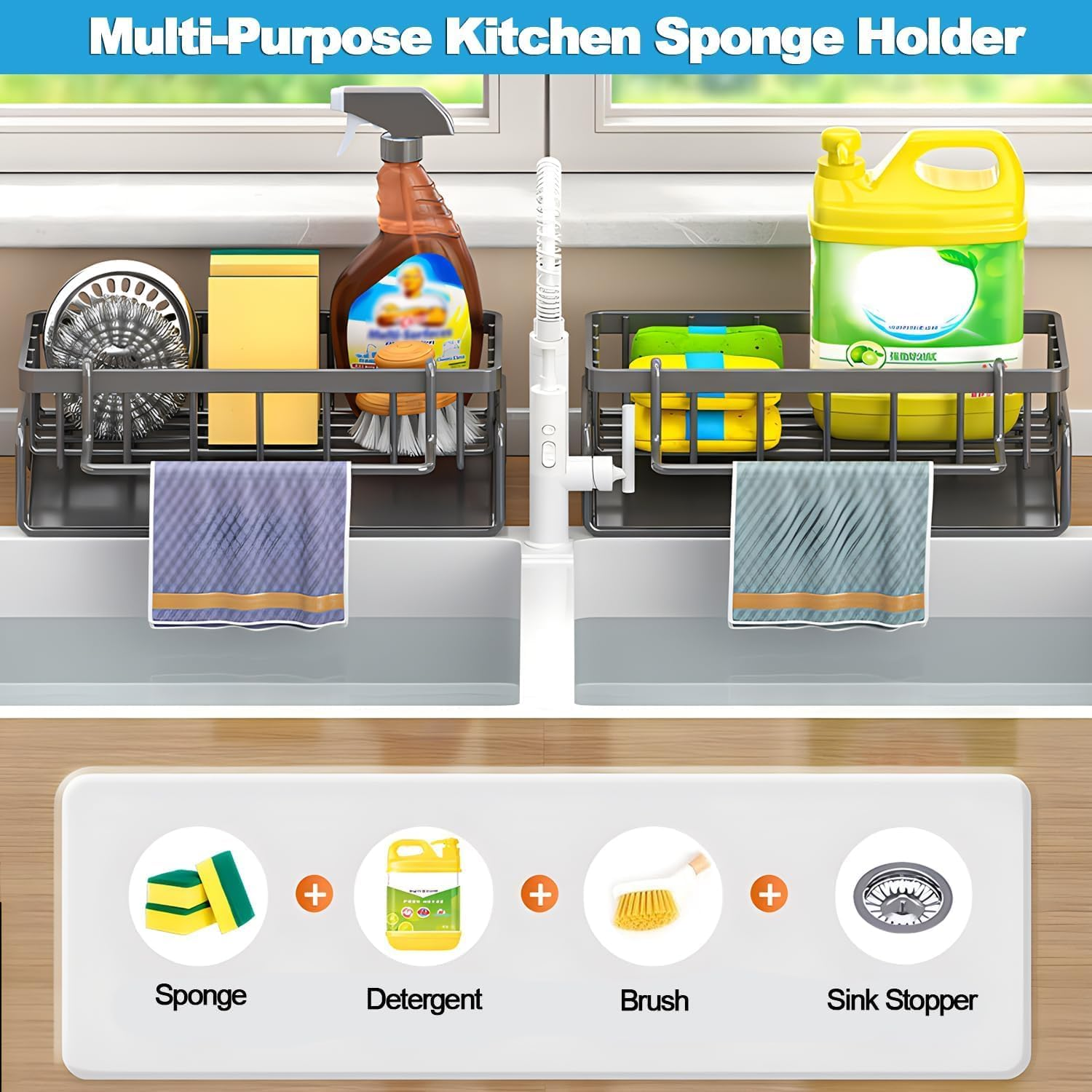 2 Tier Dish Drying Rack for Kitchen Counter, Dish Racks with Drainboard Set, Rustproof Dish Drainer with Cutlery Utensil Rack & Holders,For Kitchen Storage and Organisation (Gray) - Grey image number 5