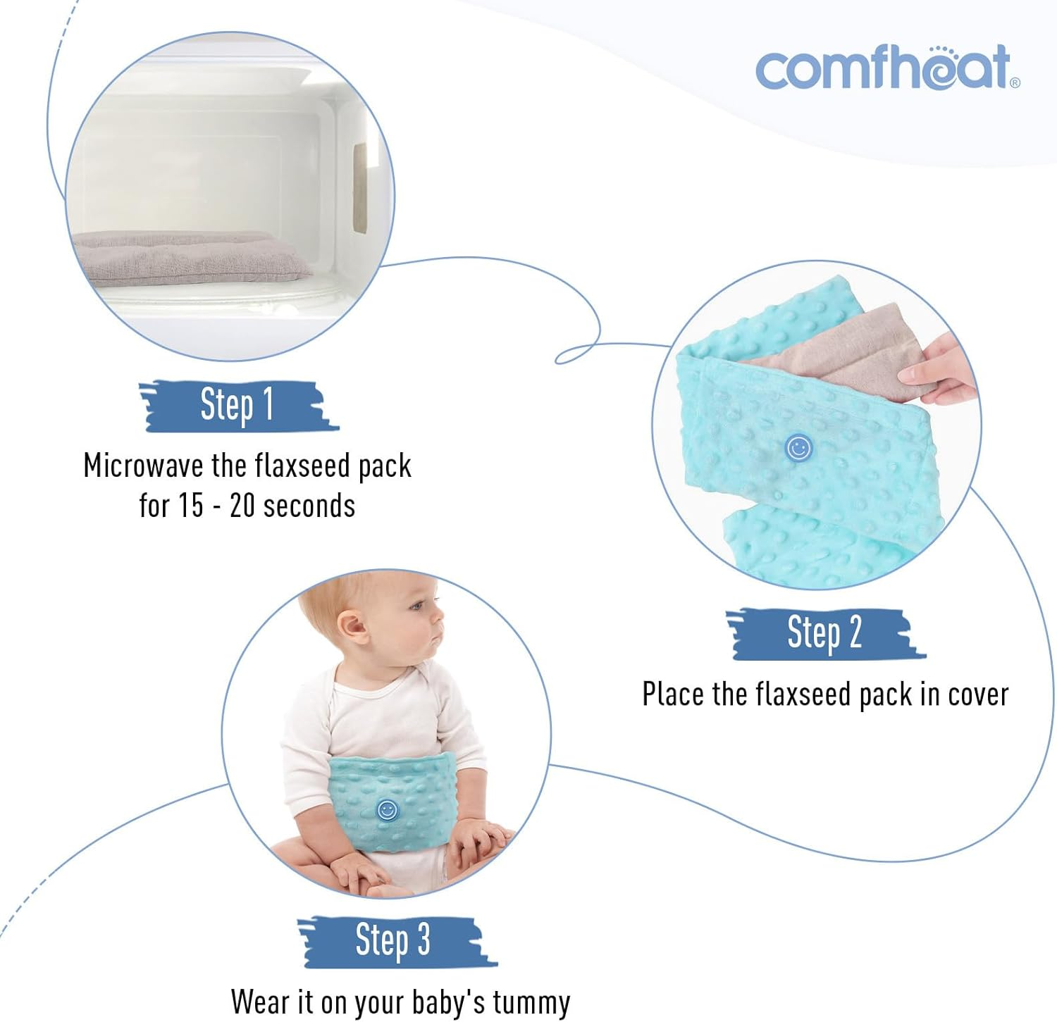 Comfheat Colic and Gas Relief for Newborns and Infants, Flaxseed Heated Tummy Wrap, Baby Swaddling Belt with Soothing Warmth, Natural Relief for Upset Stomach in Babies Toddlers, 0-3 Years (Blue) image number 5