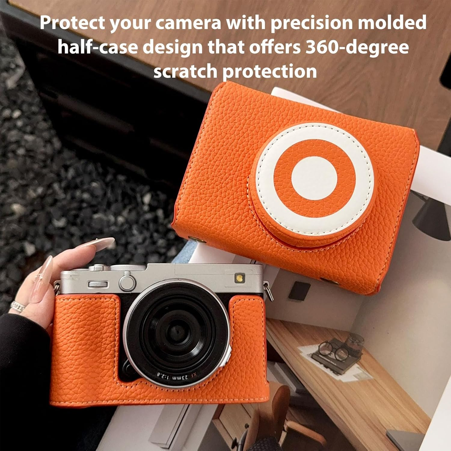 Jectse Camera Case Fit for FUJIFILM XE5, PU Leather Crossbody Camera Bag, Including Half Case Flip Cover and Adjustable Shoulder Strap (Orange) - Black image number 4