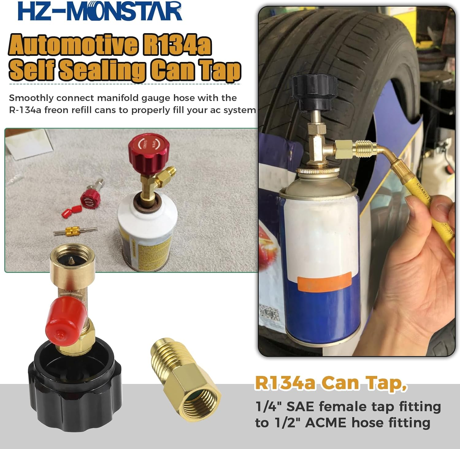 R134A Can Tap, Automotive R134A Self Sealing Can Tap, AC Puncture Freon Can Tap with Refrigerant Tank Adapters and Valve Core Removal Tool for Automotive AC Systems Refilling (Black)