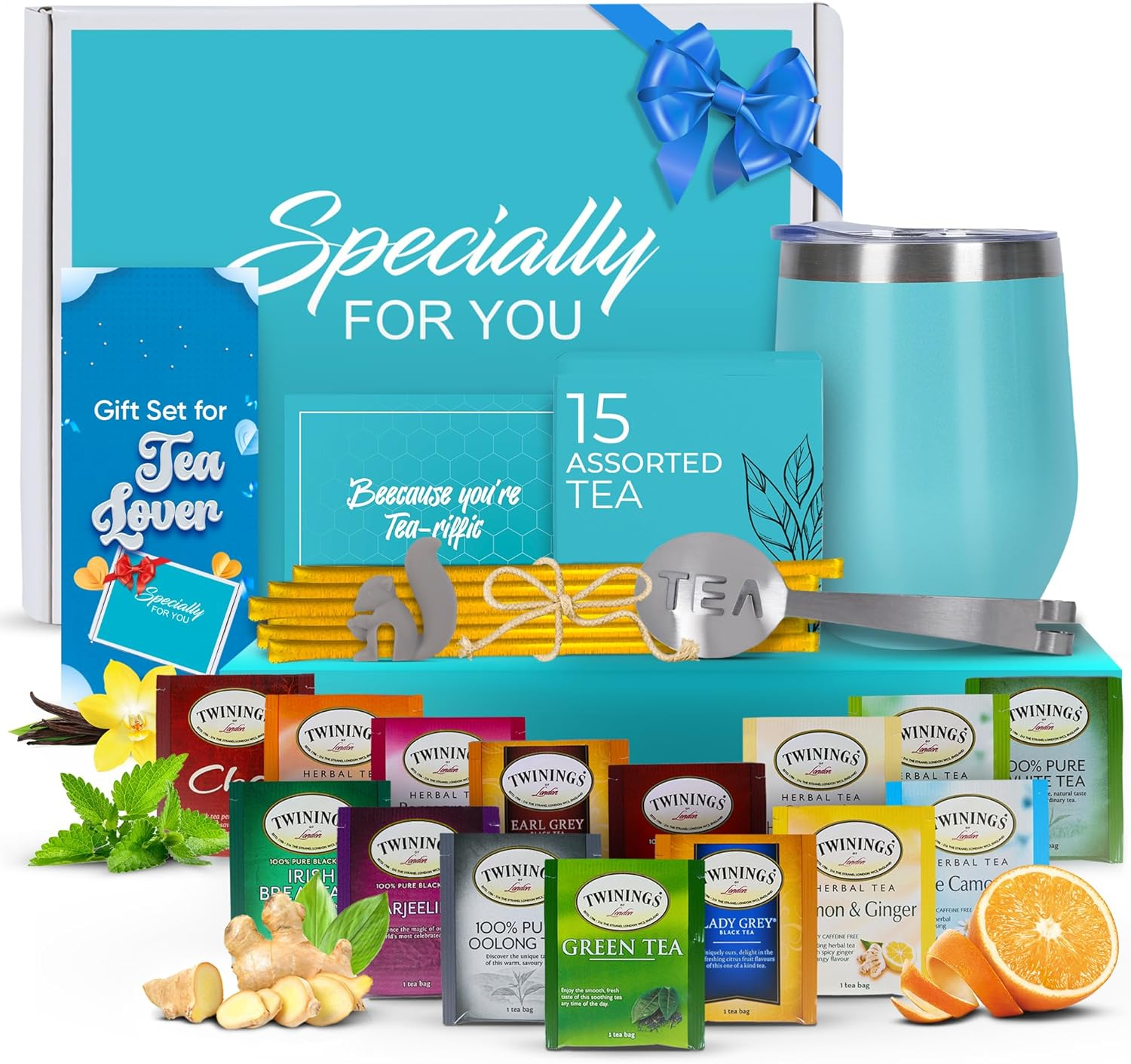 Tea Gifts for Women &ndash; Sampler Gift Basket with 15 Unique Blends, Honey Sticks, Stainless Tumbler & Gift-Ready Box (Teal) image number 1
