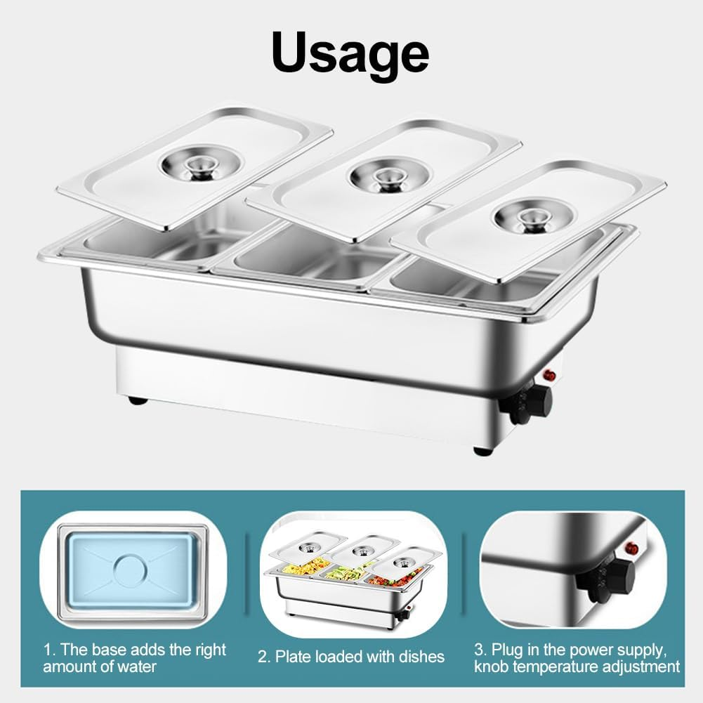 Zertylre 9L Food Warmer Buffet Server, 3 Trays 600W Stainless Steel Electric Adjustable Temperature Freestanding Lids, Chafing Dish Set for Parties, Banquets, Catering Events (9L) - 9L image number 2