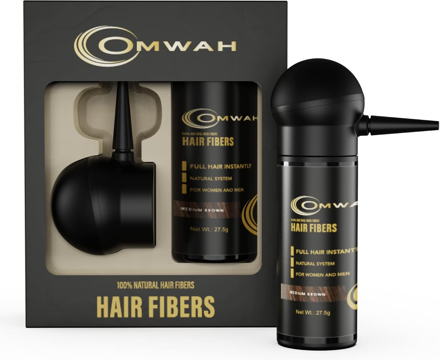 OMWAH Hair Fibers for Thinning Hair Men - 2-In-1 Kit 27.5G, Hair Building Fibers & Spray Applicator, Natural Thick Hair Filler, Conceals Hair Loss (Medium Brown, 27.5G) image number 1