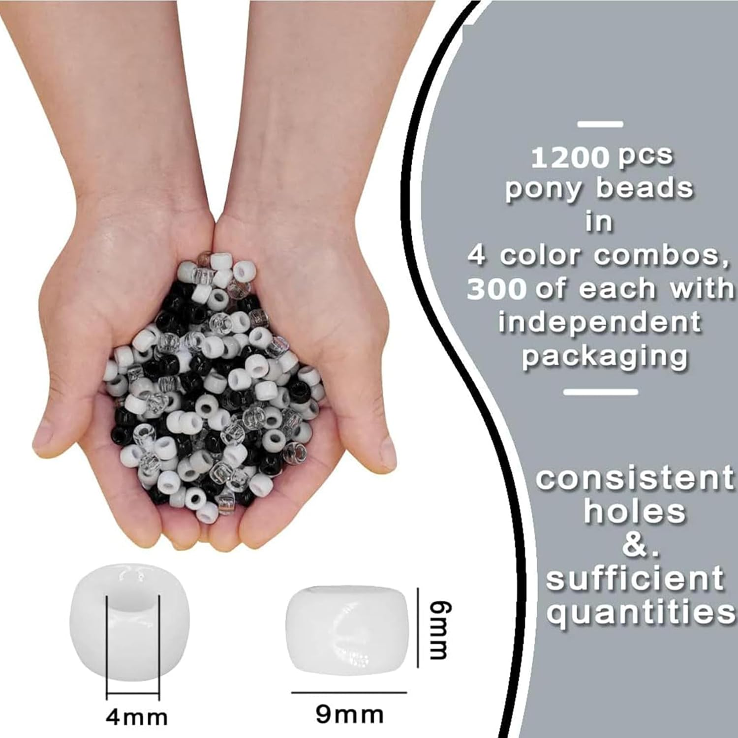 1200Pcs Pony Beads Bulk,9Mm Plastic Beads Jewellery Making Supplies,4 Styles Neutral Pony Beads for Bracelet Making Kit,Hair Beads for Braids,For Jewellery Making DIY Crafts image number 3