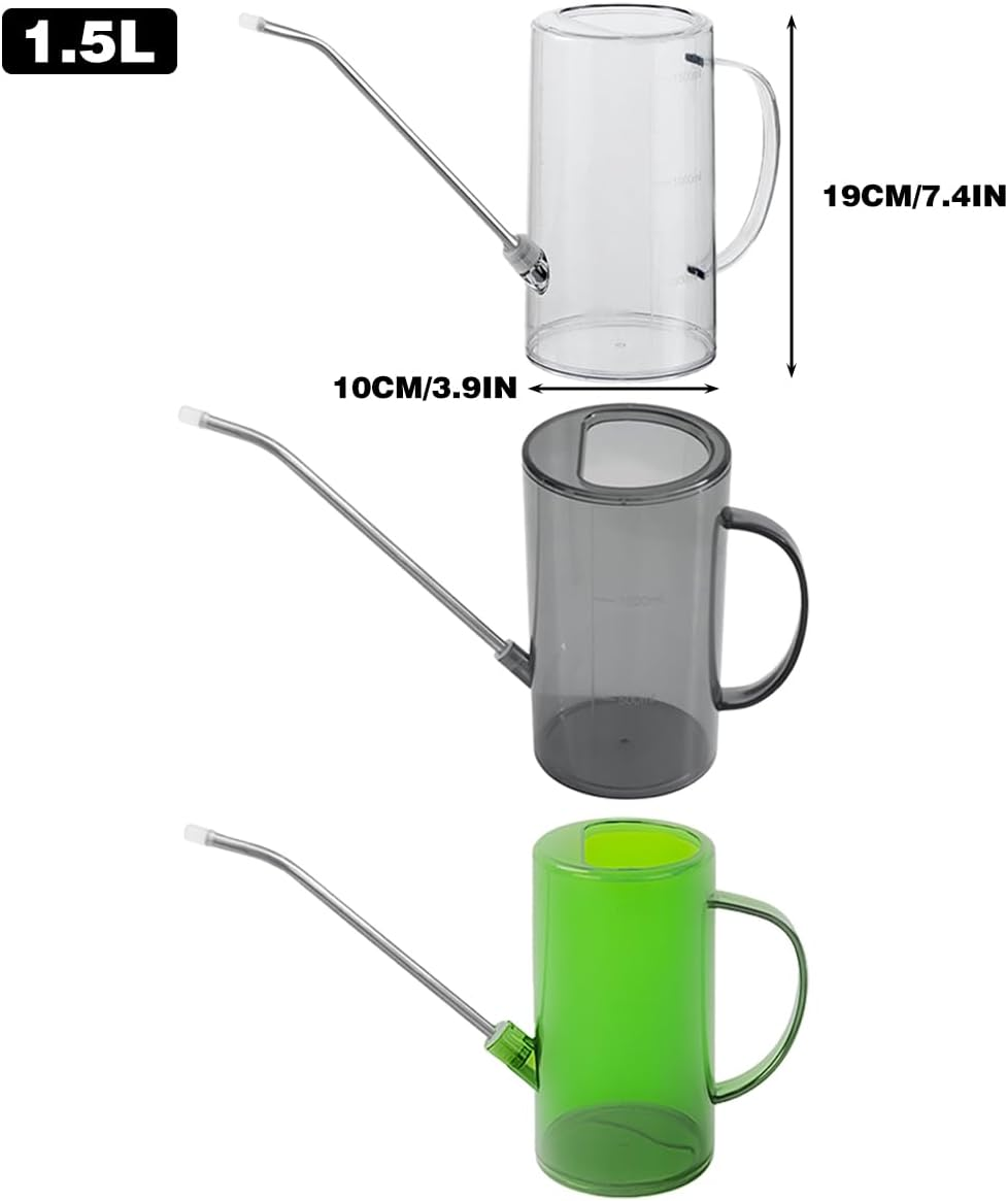 AIMALL 1.5L Long Spout Plastic Watering Can for Indoor Plants, Succulents and Bonsai &ndash; Transparent/Grey/Green, 7.4In Tall Slim Kettle for Garden & Home Use - Green image number 3