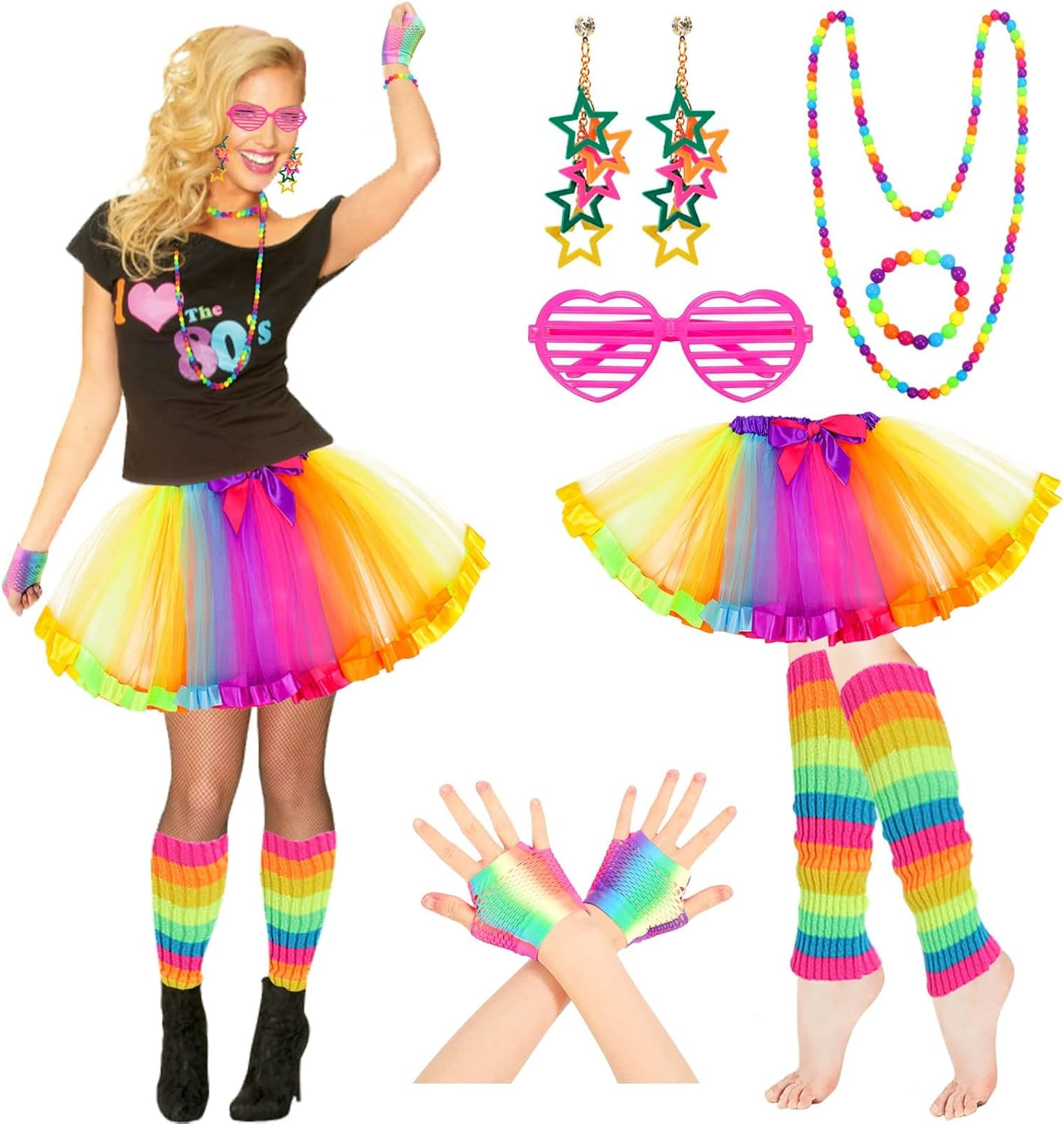 Hapurs 80S Fancy Dress for Women, 80S Costume Accessories Set Neon Rainbow Tutu Skirts Leg Warmers Gloves Glasses Bracelet Necklace Retro Party Costume image number 1