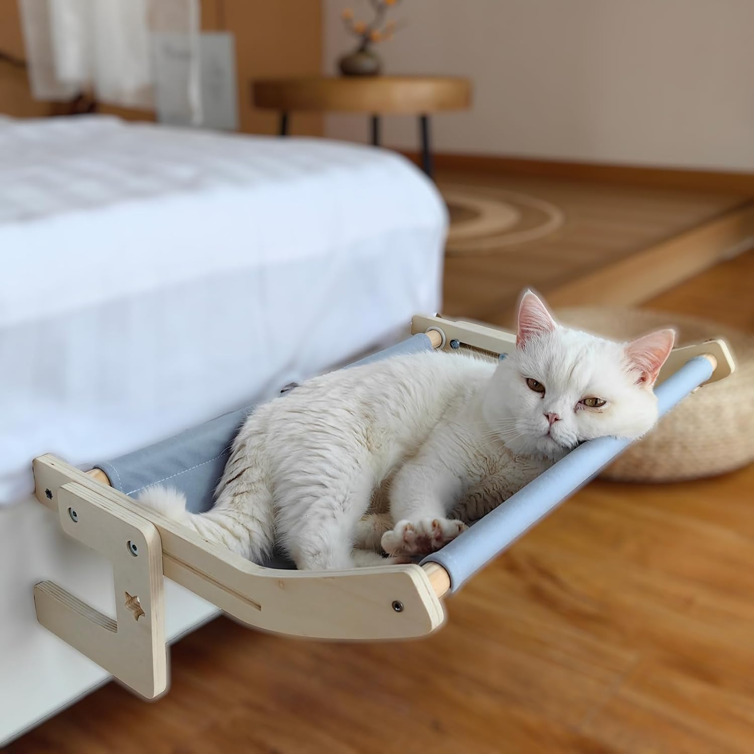 Cat Bedside Hammock and Window Perch, Cat Bed Attachment for Human Bed, Perfect for Indoor Cats Inside, Easy to Adjust and Attach to Windowsill & Bedside (Blue, L) image number 4