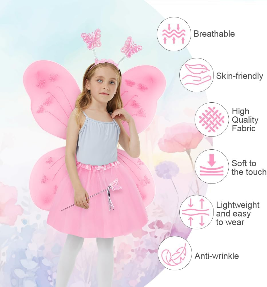 AYBUY Fairy Wings Kids Costume, Fairy Butterfly Wings with Tutu, Magic Wand and Headband, Fairy Princess Skirt Set, Fairy Dressing up Costume for Girls image number 5