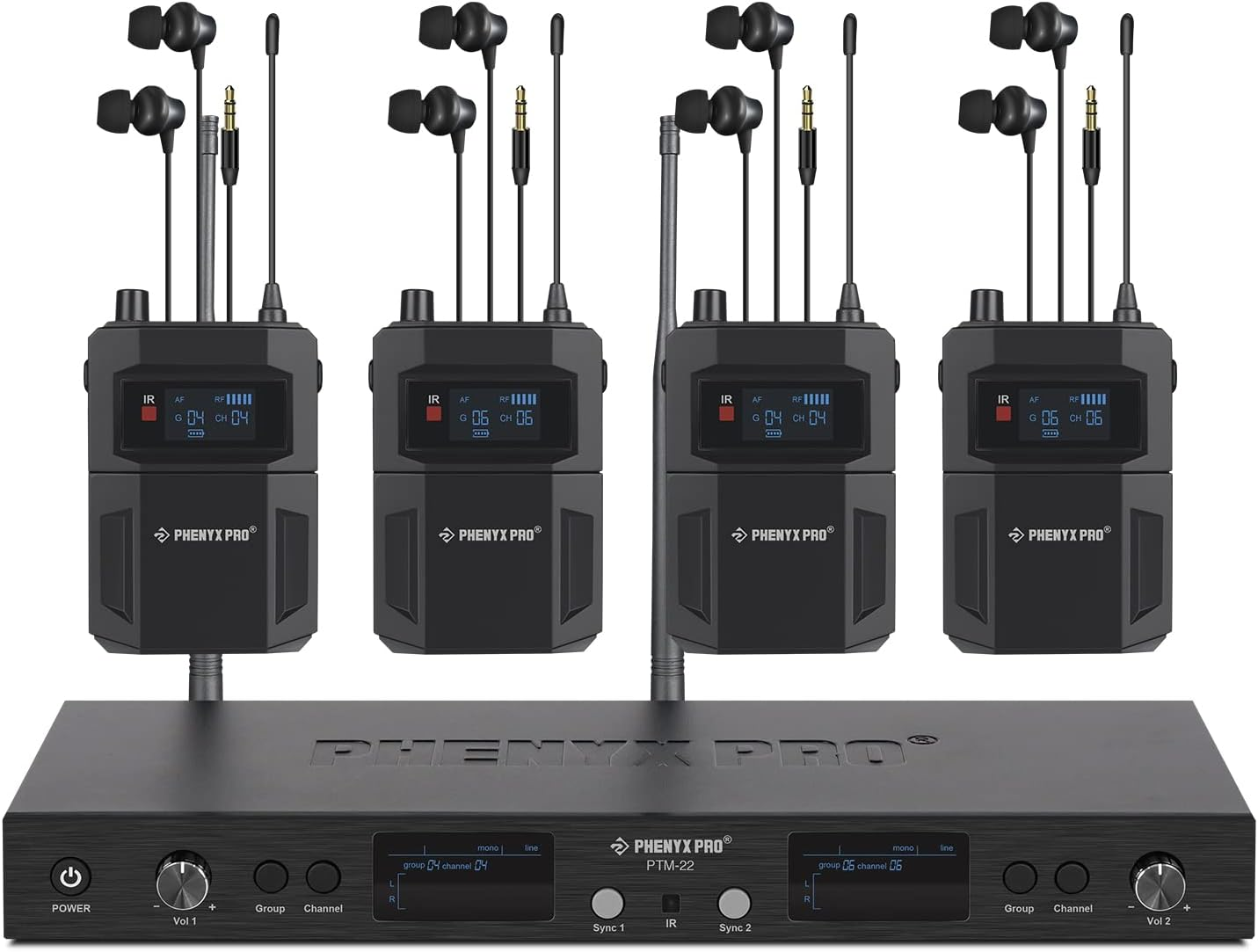 Phenyx Pro in Ear Monitor for Musicians, UHF Wireless In-Ear Monitors System, Mono 2-Channel IEM, Metal Stage Monitor W/ 2X50 Frequencies, 164Ft Long Coverage, Rack Mount Kit (PTM-22, 4 Bodypacks) image number 3