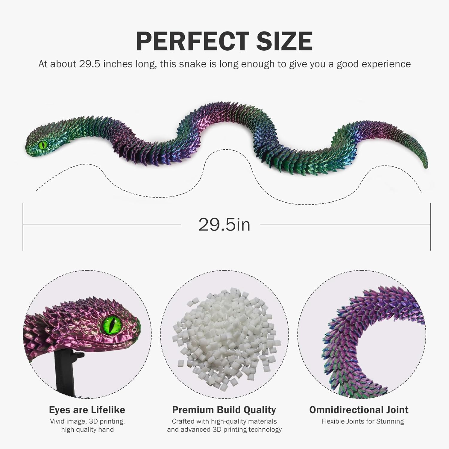 3D Printed Articulated Snake &ndash; 29.5'' Crystal-Like Movable Snake&ndash; Realistic Slithering Design, Collectible Articulated Model (Blue Green Yellow) image number 1
