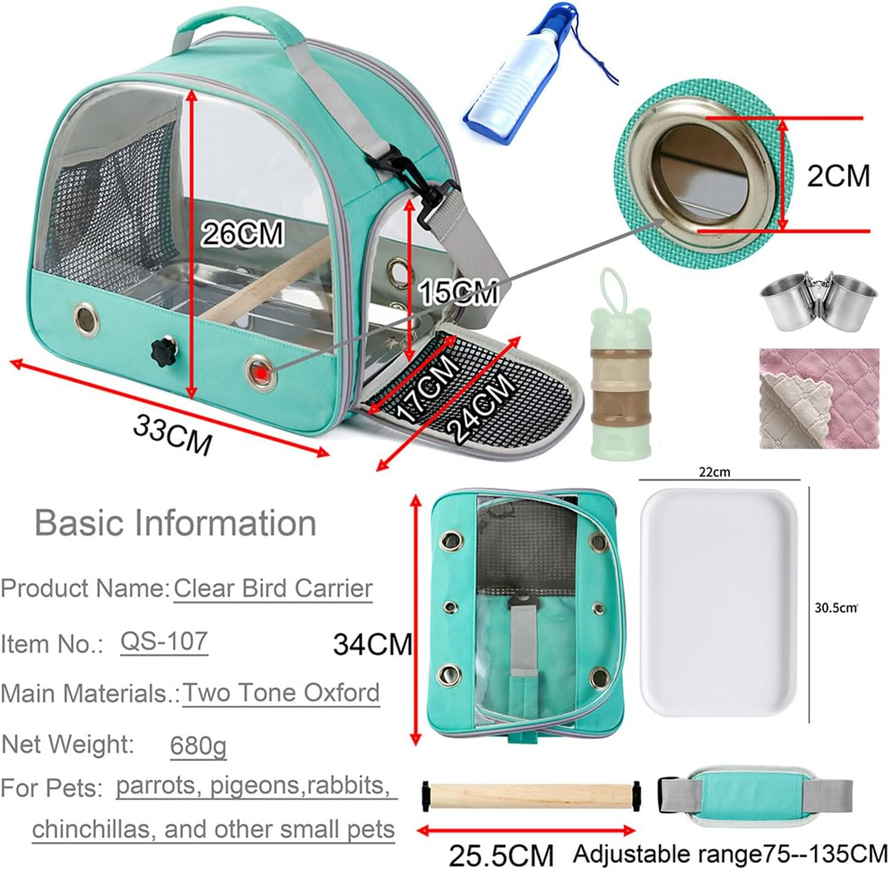 Bird Carrier Travel Cage with Stand (With Tray), Small Bird Travel Carrier for Parrot with Perch, Small Pet Cage for Transport - Parakeet Holder Bag with Strap, Side Access Window (Blue) - Blue image number 5