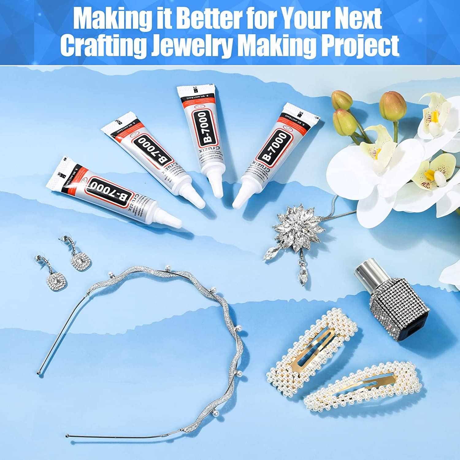 Cruzix B-7000 Glue Clear for Rhinestone Crafts, Jewelry and Bead Adhesive B7000 Semi Fluid High Viscosity Glues for Clothes Screen Repair Metal Stone Nail Art Glass (4X15 Ml/0.5 Oz) image number 3