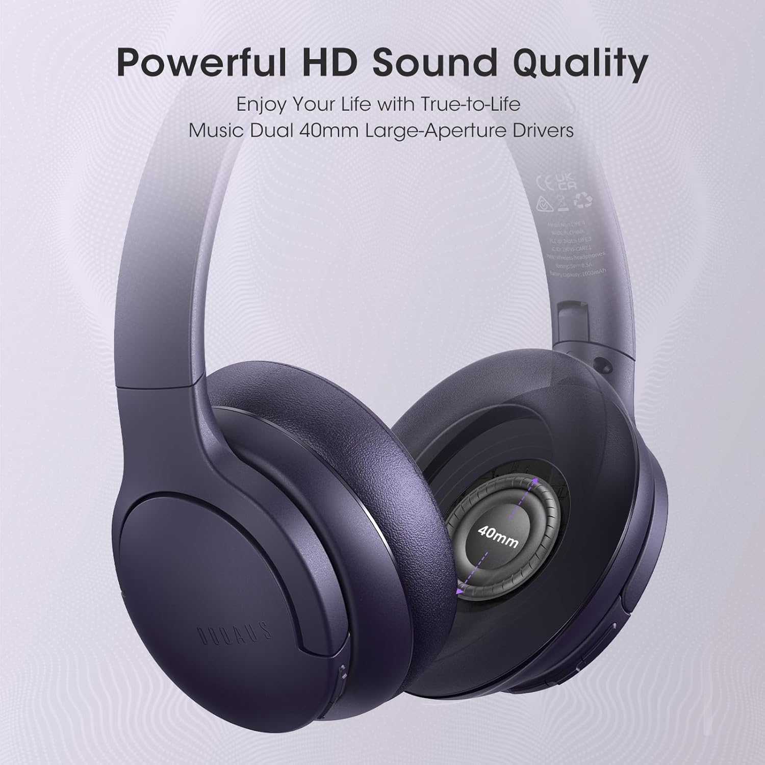 DOQAUS Bluetooth Wireless Headphones over Ear, 90H Playtime, 3 EQ Mode, Hifi Stereo Bass Headphoens with Mic, Bluetooth 5.3 Foldable Headphones Wireless with Memory Protein Earpad for Phone/Pc(Purple) - Black image number 6