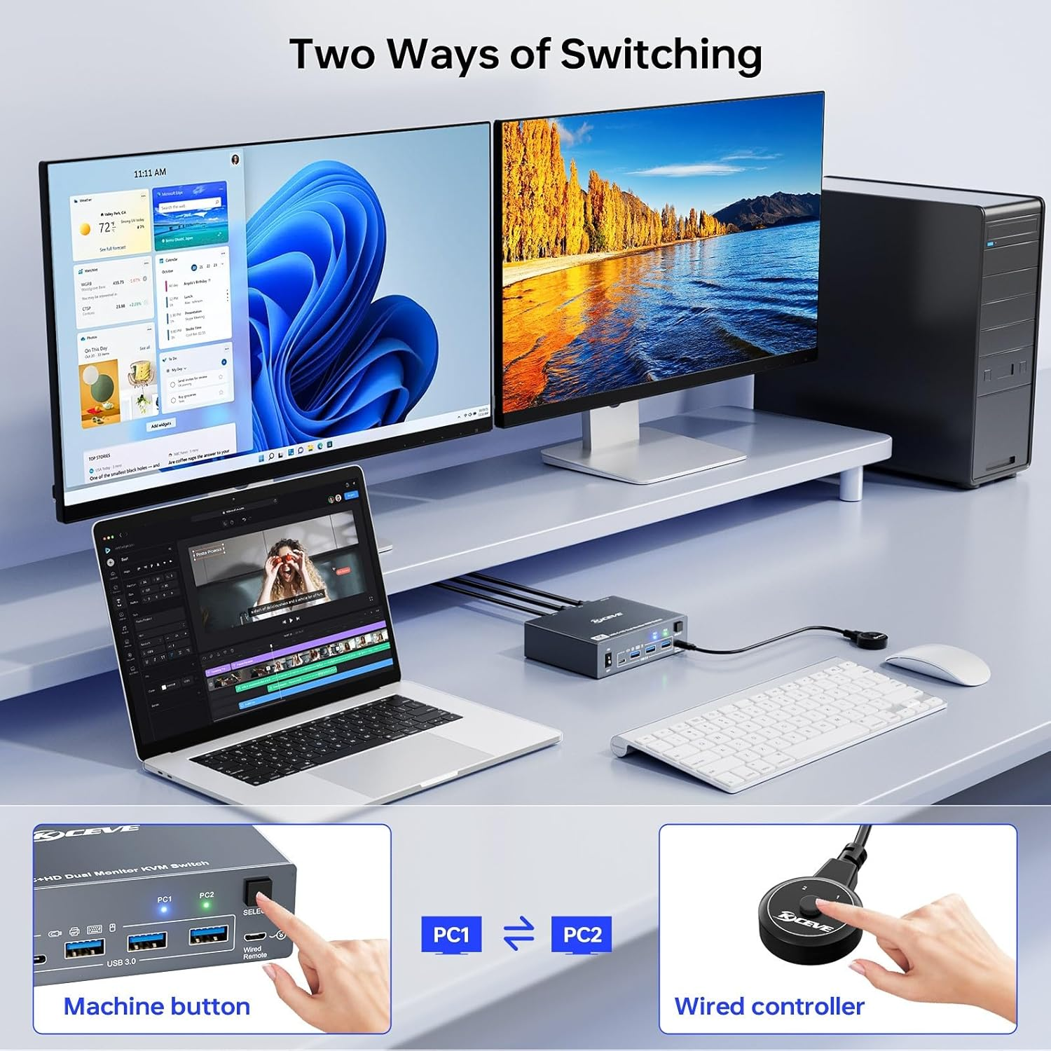 USB C + HDMI KVM Switch 2 Monitors 1 Laptop 1 Desktop 4K@60Hz, USB C Docking KVM Switch Share 2 Monitor and 4 USB 3.0 Devices, 80W PD for Laptop, Cables,Wired Remote and Power Adapter Included image number 5