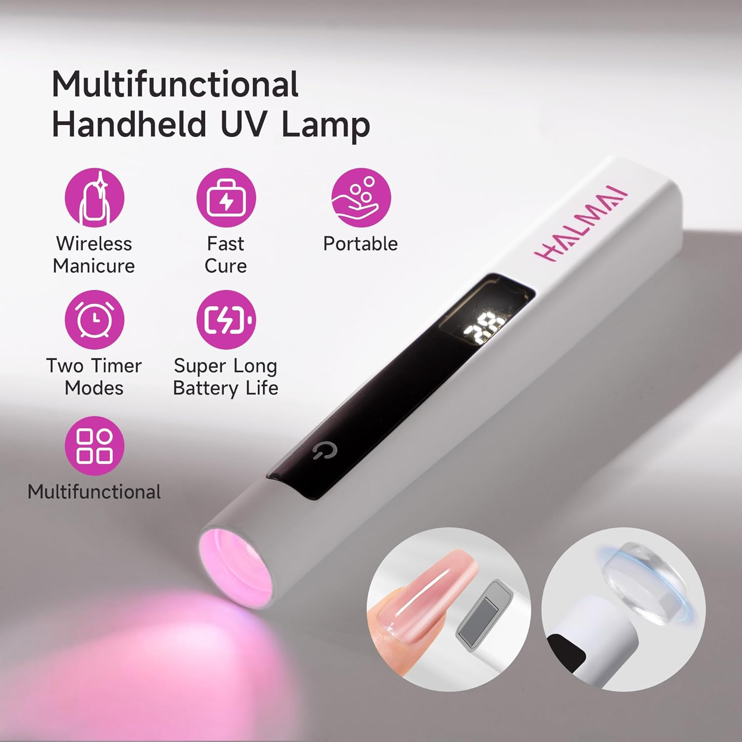 Halmai Handheld UV Nail Lamp for Gel Polish,Portable Mini Red Light with Led,Cordless Rechargeable USB Dryer,At-Home Manicure Salon Tool with Fingernail Curing,Nail Stamping & Cat Eye Magnet (White) image number 2