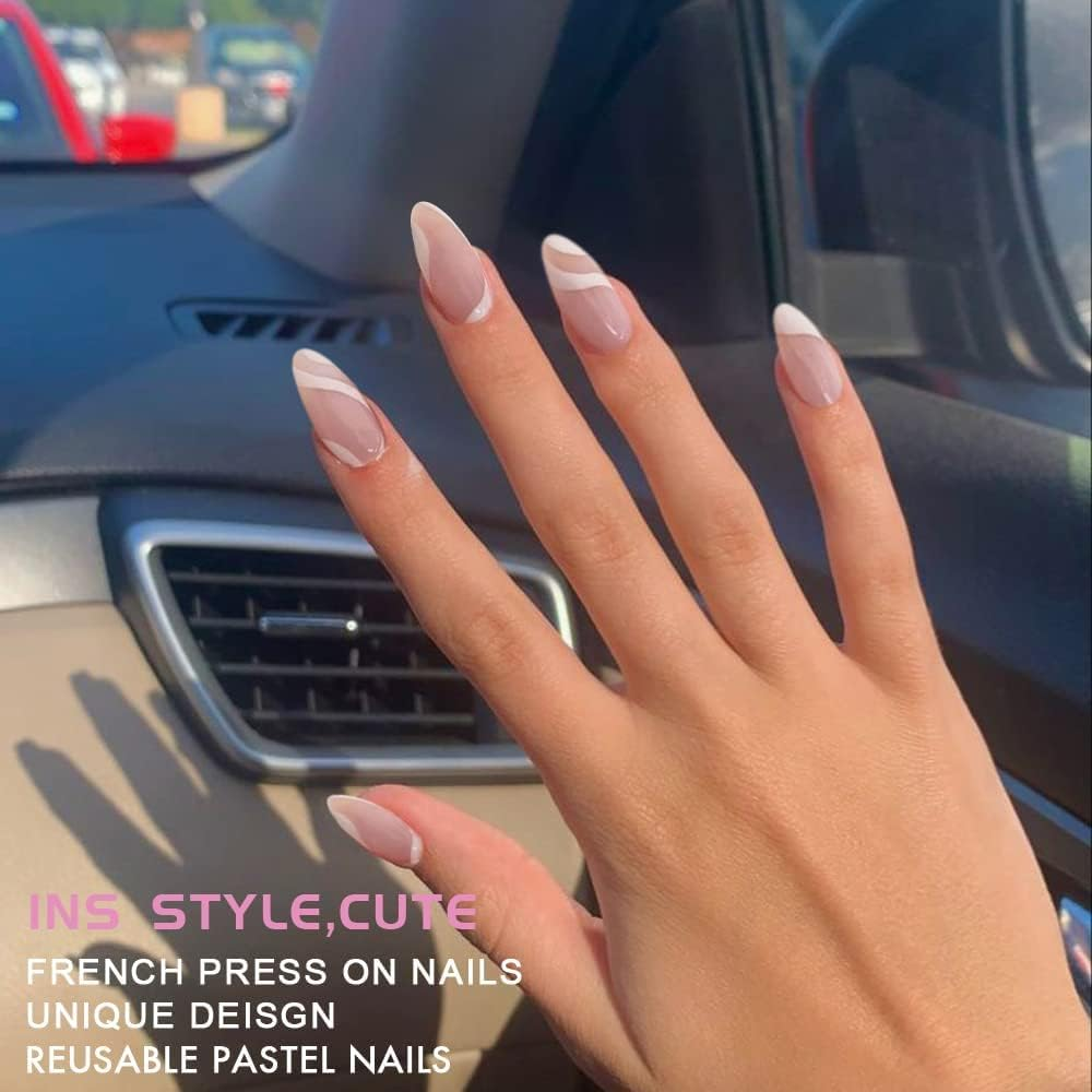 RYUUSEI Medium Almond Press on Nails with Designs, Nude White Swirls Acrylic Nails Press on Stick on Nails for Women, Glue on Nails Fake Nails for Daily Wear,Salon Perfect Wedding Nails image number 5