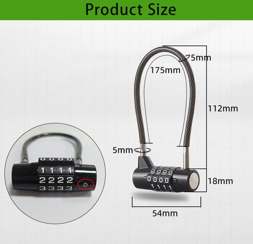 4 Digit Combination Padlock, 6.9 Inch Long Shackle Cable Lock with 4-Digit Resettable Combination, Waterproof Steel Padlock for Outdoor Fence, Gym, School Locker, Suitcase Bag, Bike Security image number 3