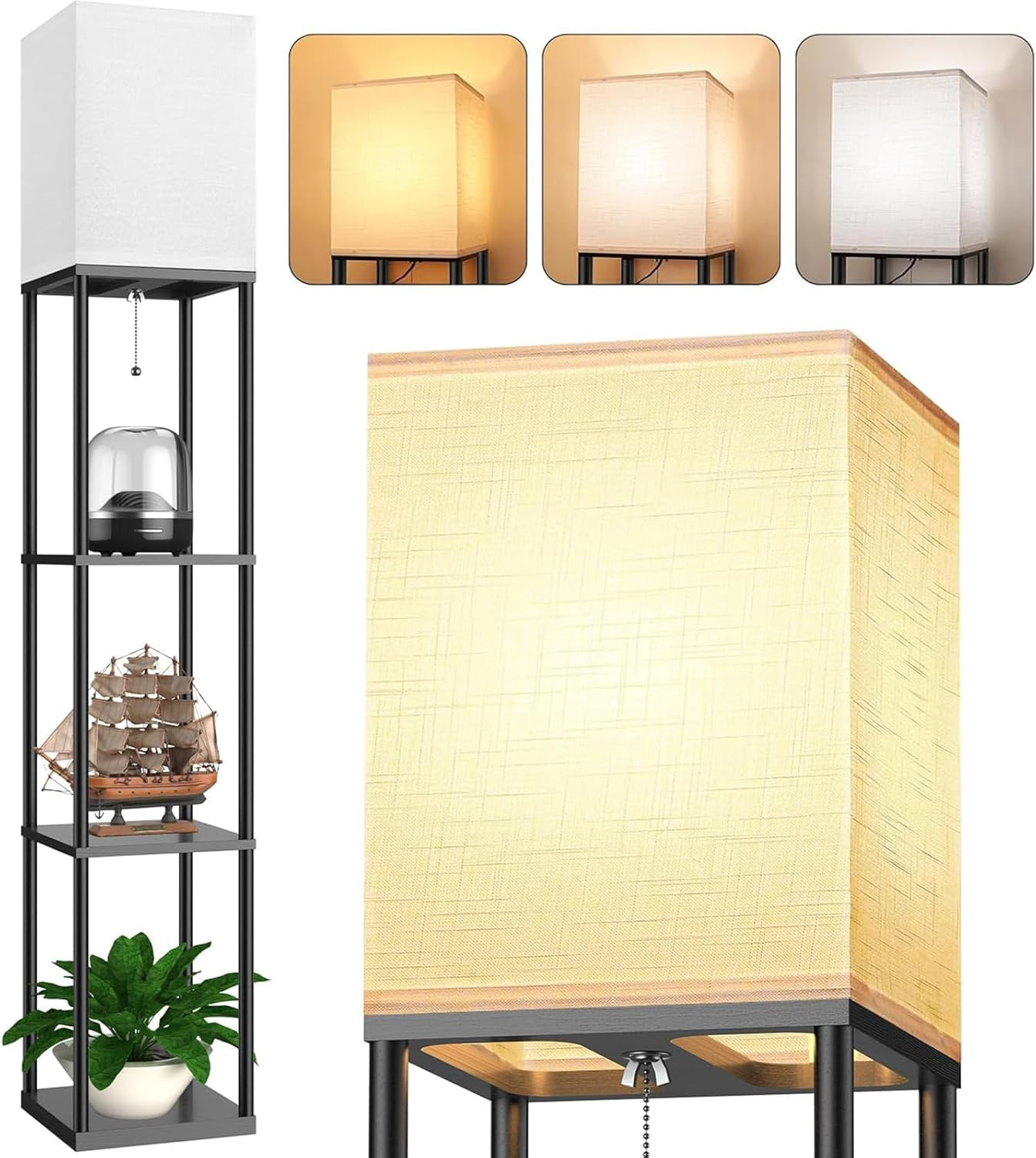 Floor Lamp, Vintage Wood Led Light Lamps Bookshelf Corner Shelf Standing Lights Display Stand Storage Organiser Home Decor for Living Room Bedroom, 3 Tier Shelves Pull-String Switch Black image number 2