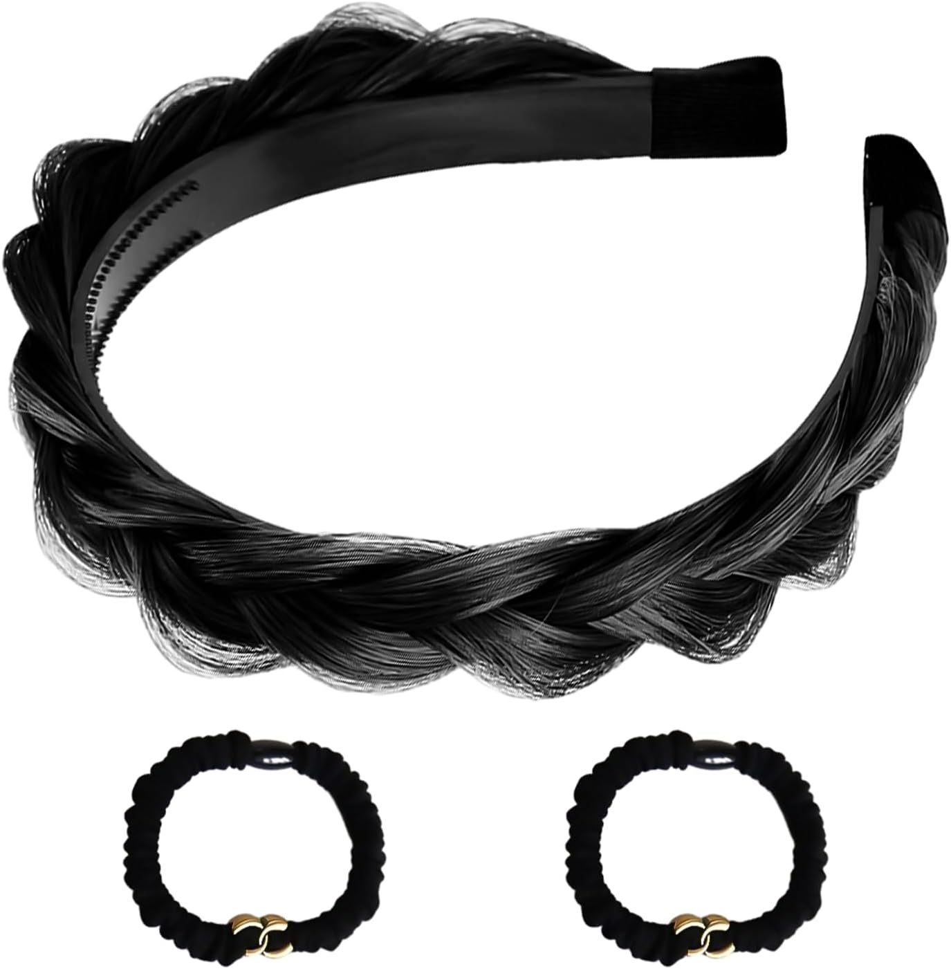 1 Piece Fluffy Braided Headband and 2 Pieces Letter Elastic Hair Accessories, Wide Padded Headband, Wig Braid Headband, Fluffy Invisible Headband (Black) image number 1