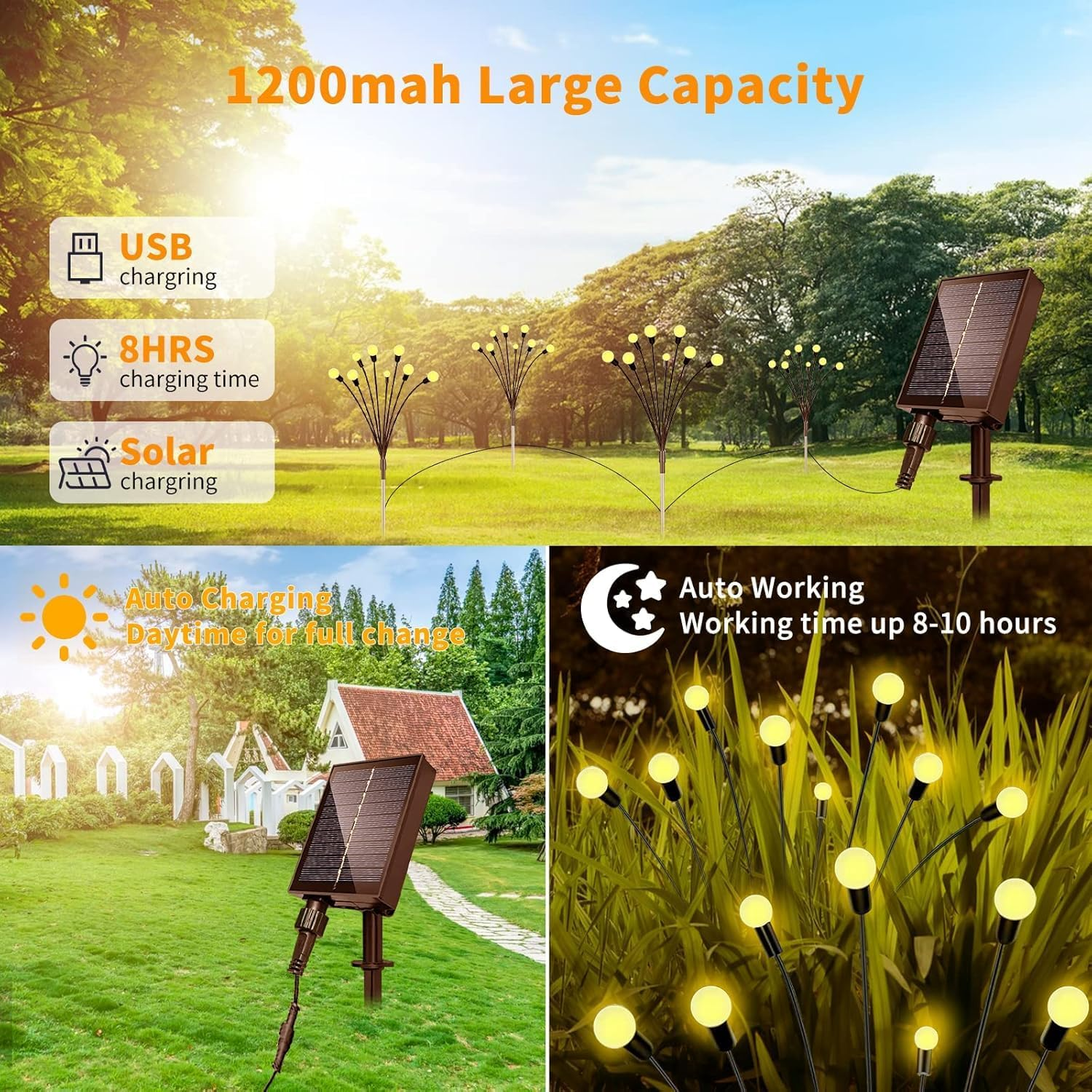 Solar Lights Outdoor Waterproof,4Pack Total 32 LED Solar Powered Garden Lights，Big Bulb Swaying Lights, 8 Lighting Modes Firefly Light for Patio Yard Decorative Yellow image number 6