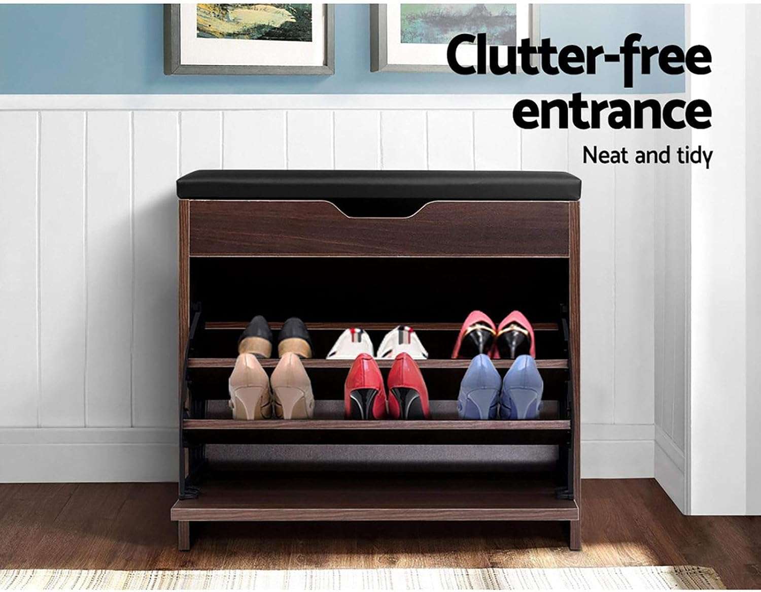 Artiss Shoe Storage Cabinet Bench Box Drawers Adjustable Shelf Stand Shoes Organiser Benches Seat Stool Organizer Home Decor Indoor Outdoor Bedroom Hallway Furniture, Durable and Strong Walnut - Walnut image number 3