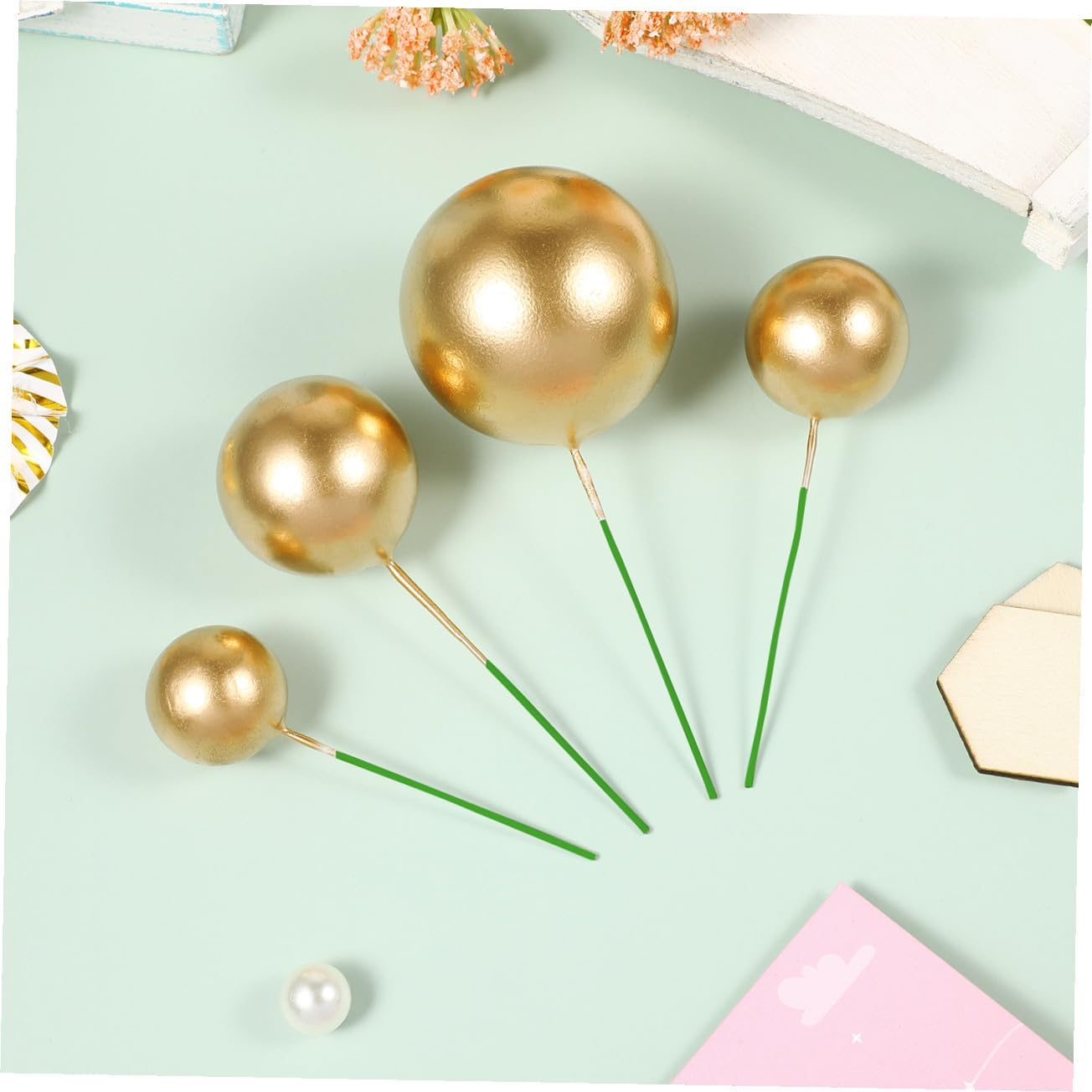 Amosfun 20Pcs Golden Ball Cake Decoration round Ball Cake Toppers Cupcake Ornaments Creative Decorations for Wedding Birthday Party image number 4