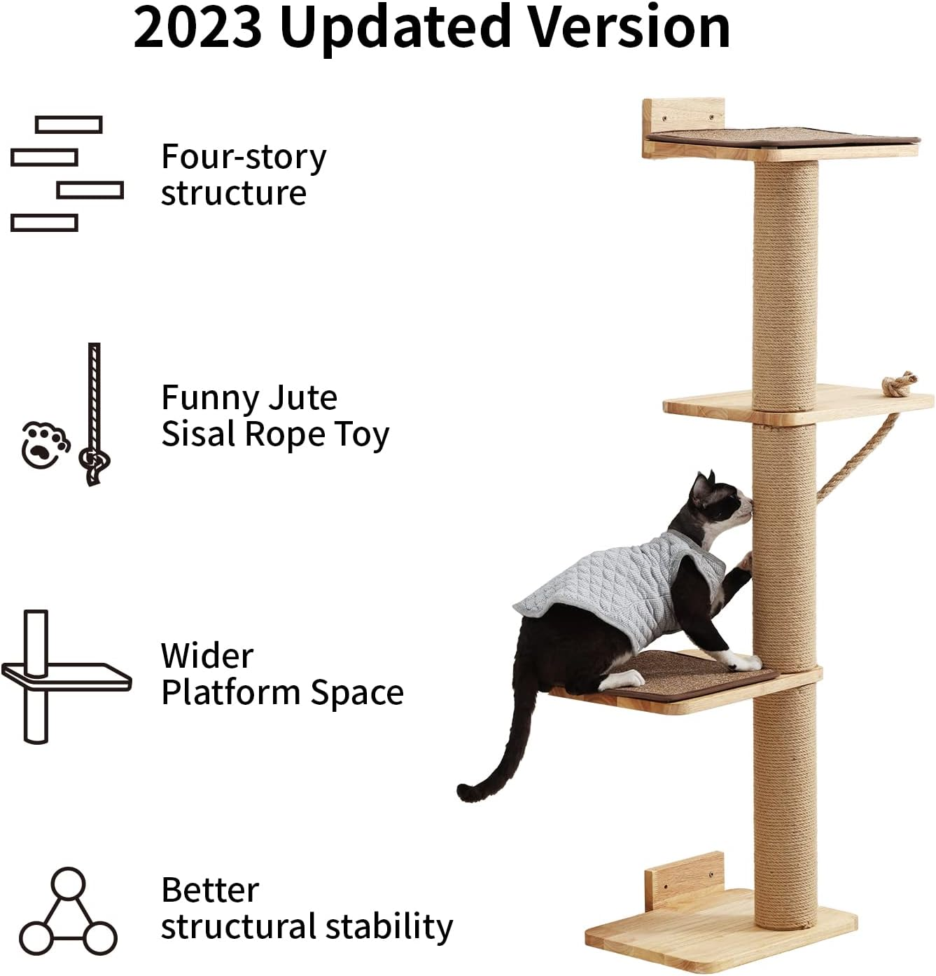 FUKUMARU Cat Scratching Activity Tree Wall Mounted, 50 Inch Scratch Post for Large Cats, with Bed, Rubber Wood Scratcher Posts Kittens, Brown (CP03) image number 3