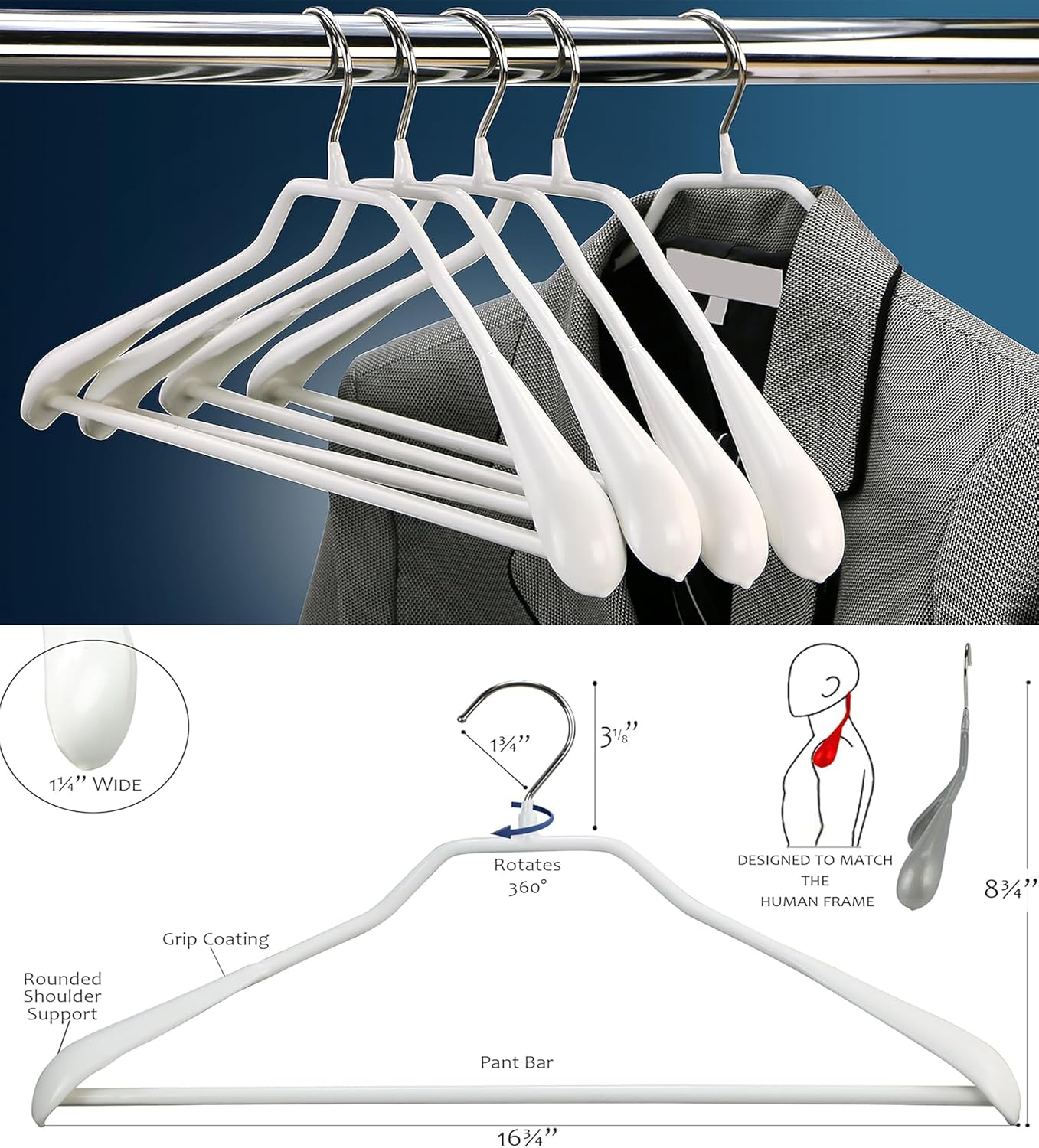 Zekroh 10 Pack Wide Shoulder Metal Hangers, 17.7 Inch Heavy Duty Retro Suit Hangers with Non Slip Pvc-Coating for Closet, Dresses, Pants, Sweaters, Jackets (White) - 2 image number 6