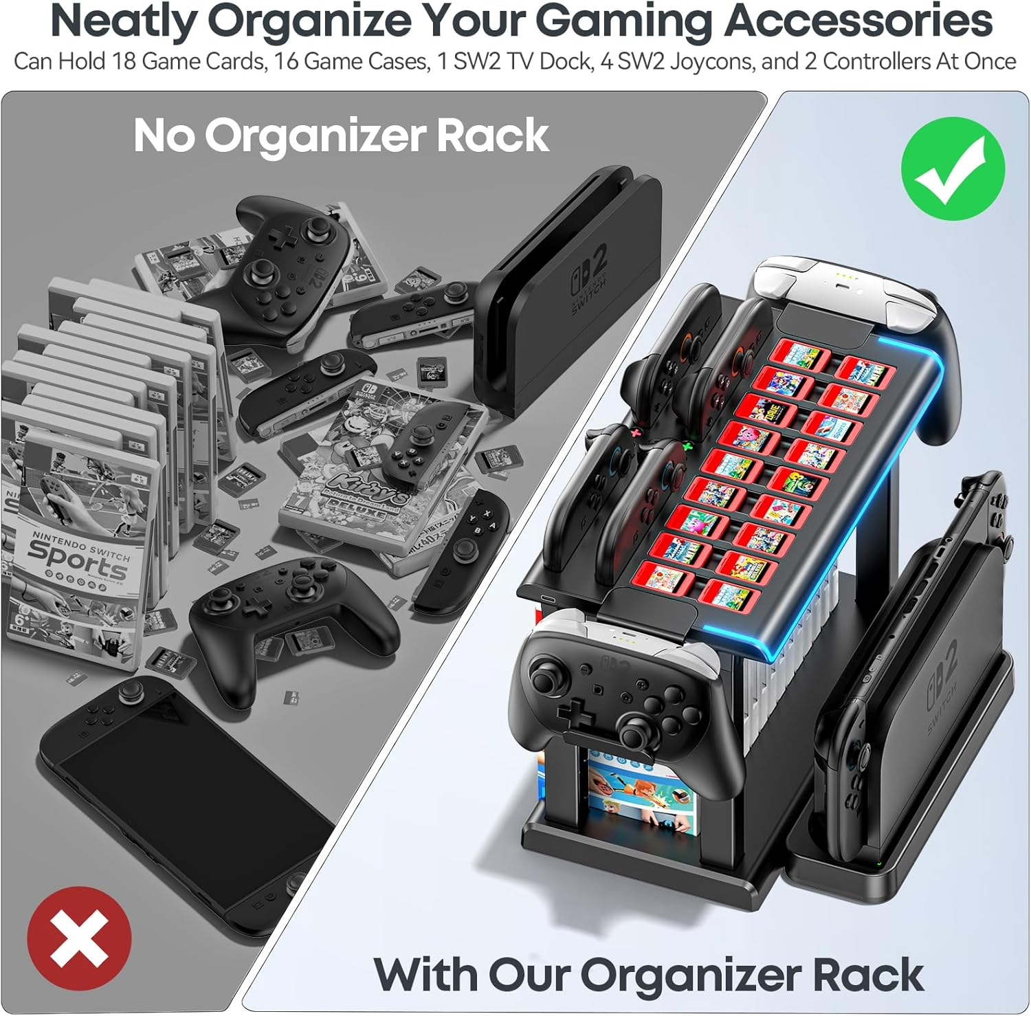 Gersker Switch 2 Organizer Station with Controller Charger Dock Compatible with Switch 2 Joycon, Switch 2 Storage Stand Holds TV Dock, 16 Game Cases, 18 Game Cards, and 2 Pro Controllers image number 1