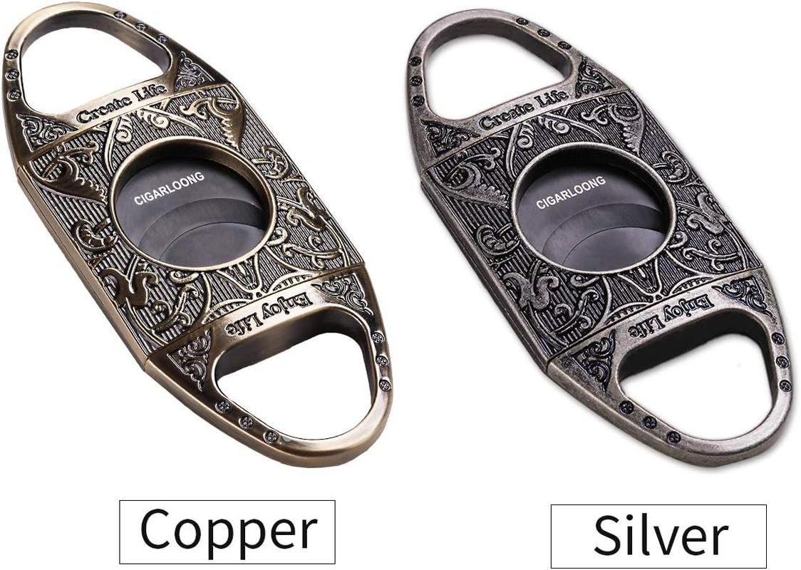 CIGARLOONG Cigar Cutter Sliver Stainless Steel Engraving Patterns Double Cut Blade Guillotine image number 1