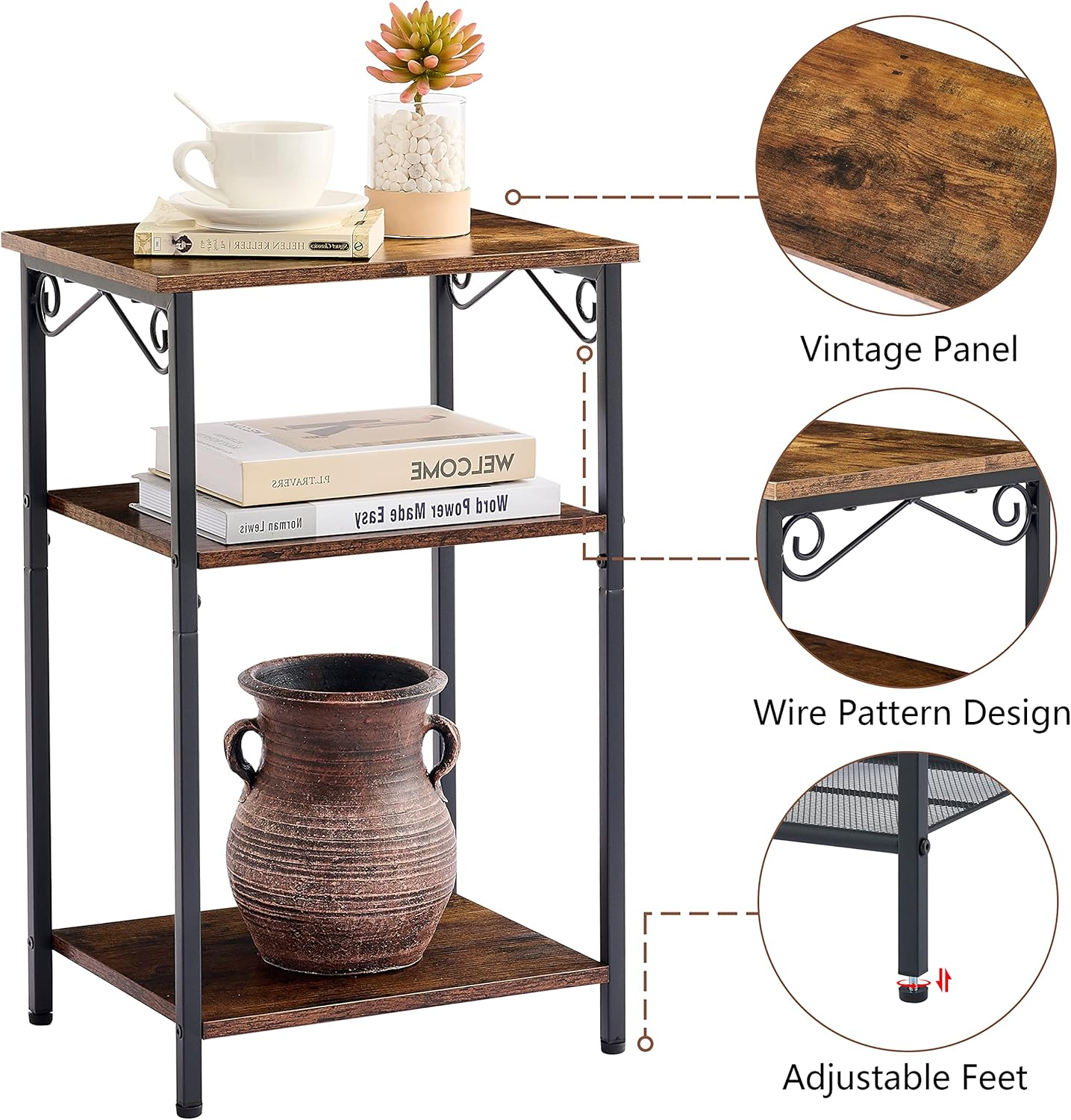 Hoctieon 3 Tier Tall End Table, Slim Night Tables, Narrow Side Table with Storage, Nightstand for Small Spaces, Metal Frame, for Living Room, Bedroom, Sofa Couch, Hall, Easy Assembly, Rustic Brown image number 3