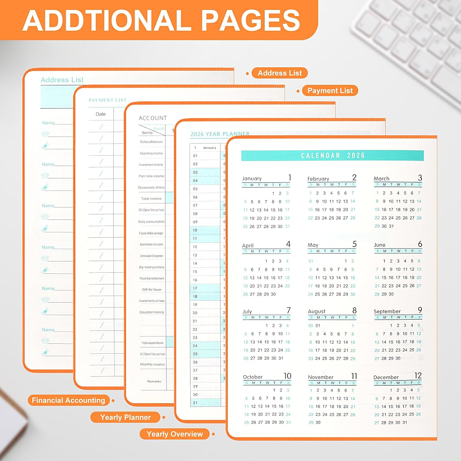 JUNART 2026 Academic Diary A5 Daily Planner from Jan. 2026-Dec. 2026 Weekly & Monthly Diary,Schedule Planner,Teacher Planner with Elastic Strap Pen Loop(Orange) - Green-2026 image number 4