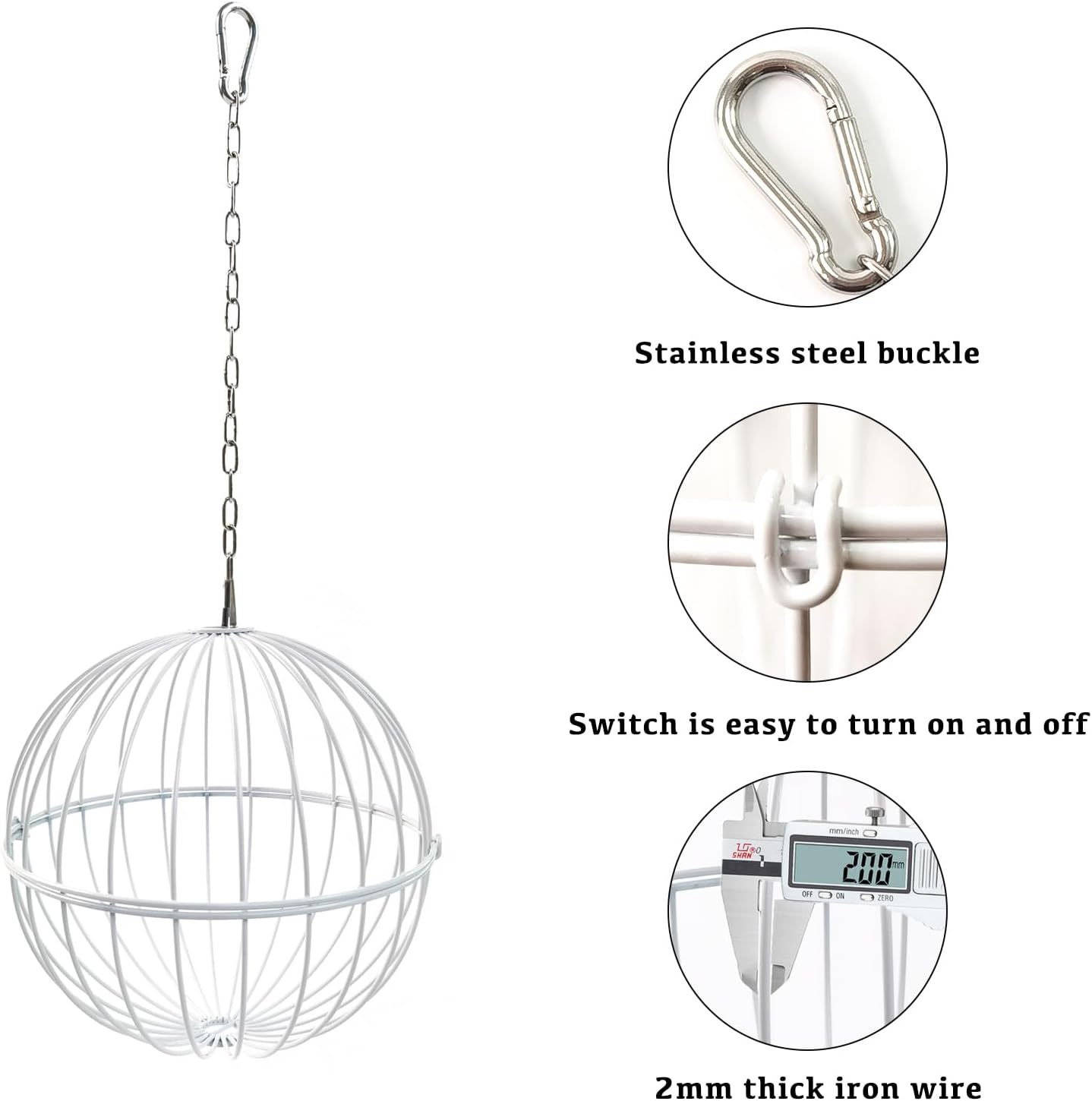 Hanging Chicken Feeder - 7.1 Inch Large Iron Chicken Veggie Treat Ball - Sturdy Chicken Treat Holder with 15.7 Inch Hanging Chain - White - 2Pcs Black image number 5