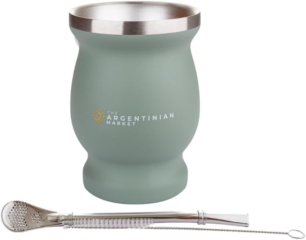 Mate Cup Gourd, Bombilla Straw and Cleaning Brush Set, Stainless Steel (Black)