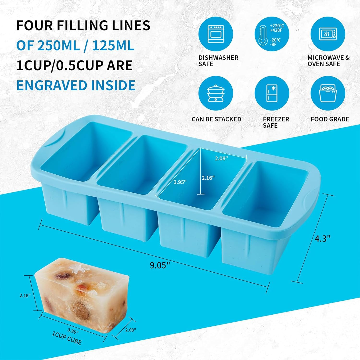 2 Pack Silicone Freezer Tray with Lid, Soup Freezer Container Molds, Large Ice Cube Tray - Makes 8 Perfect 250Ml Portions Cubes for Freezing Soup, Stews & Sauces, Oven&Dishwasher-Safe image number 6