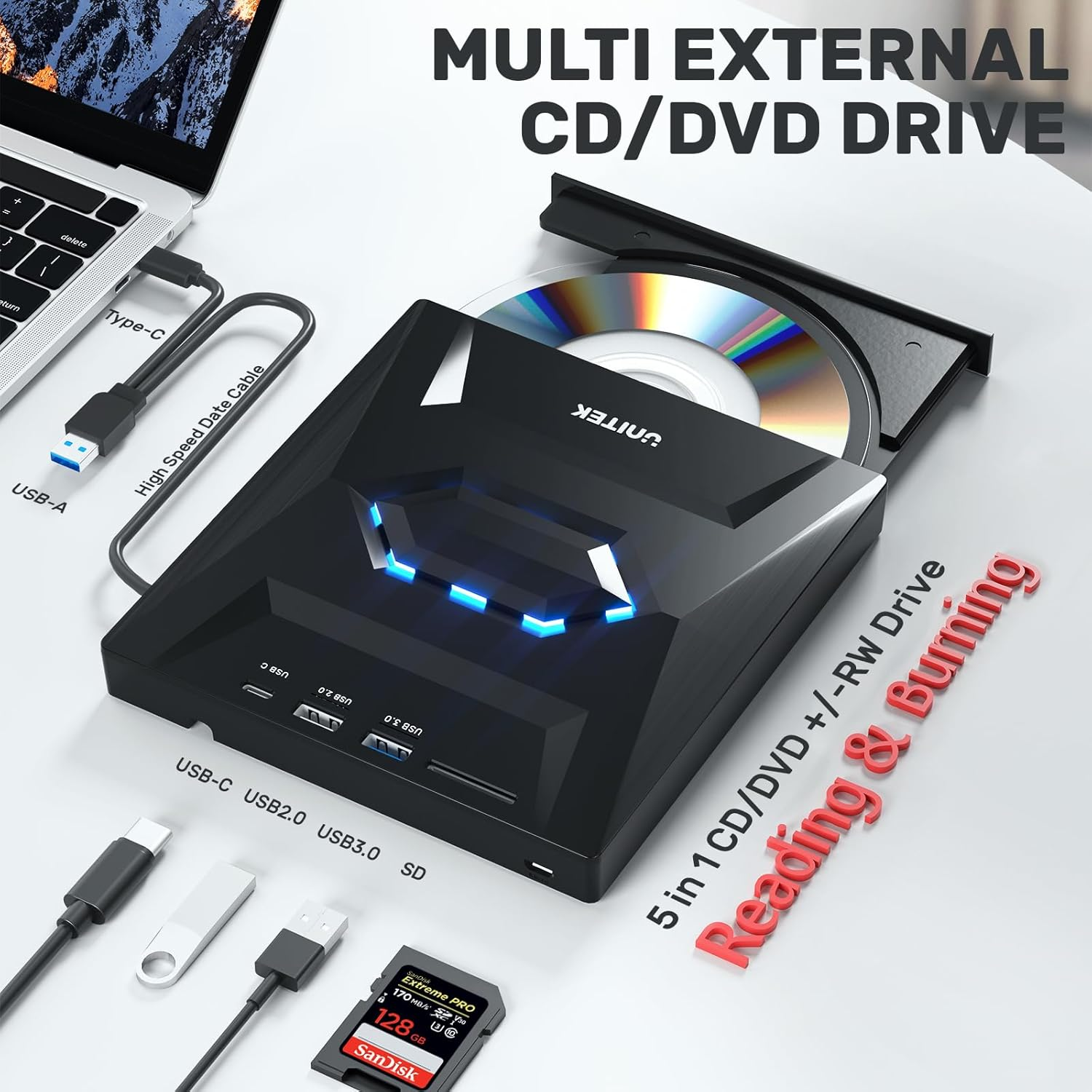 Unitek External CD DVD Drive, USB C Portable CD/DVD +/-RW Drive/Dvd Player with SD Card Reader USB 3.0 USB C Hub CD ROM Burner Compatible with Laptop Desktop PC Windows Linux OS Apple Mac image number 2