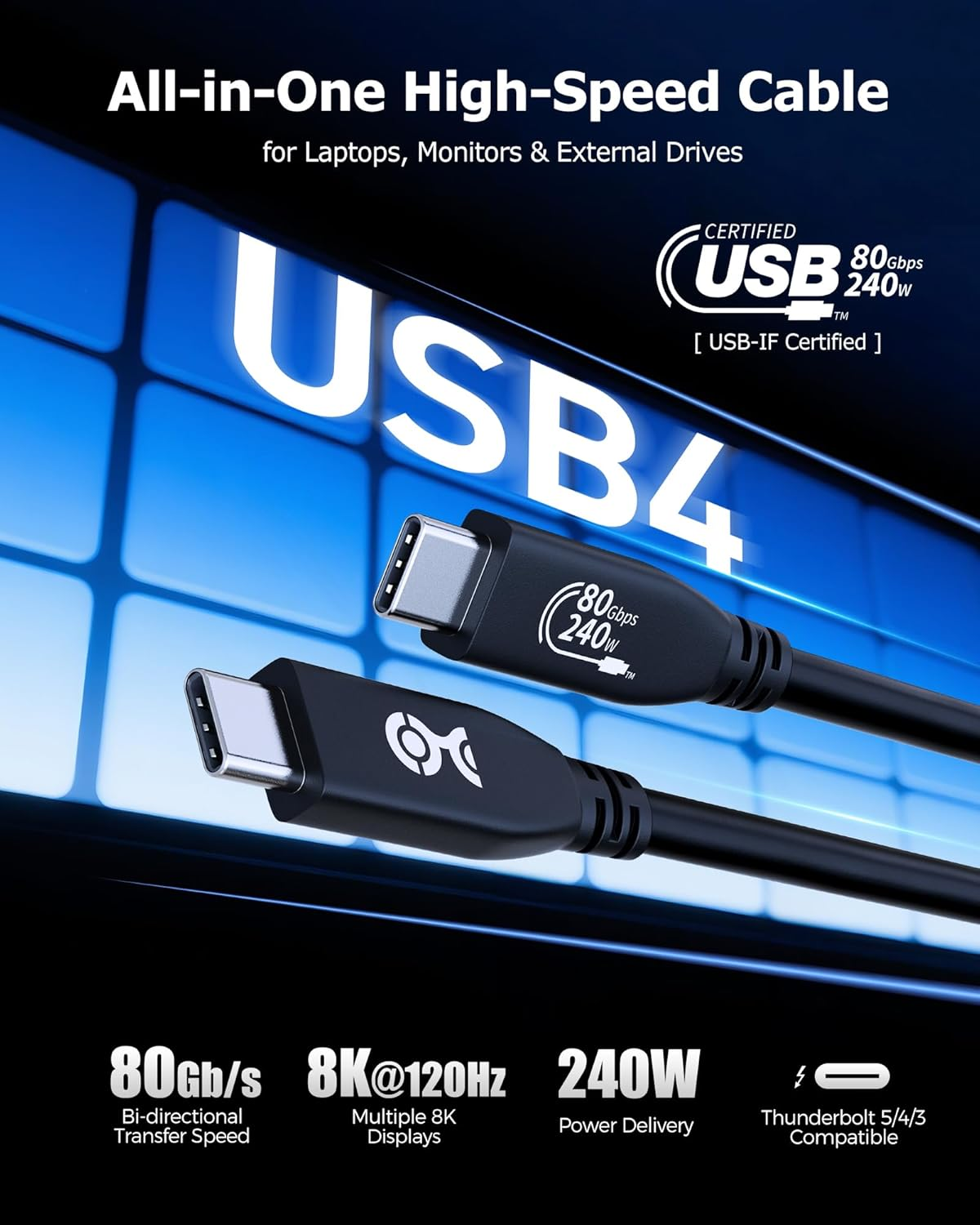 [USB-IF Certified] Cable Matters 80Gbps USB4 Cable - 1.2M, USB 4 to USBC Cable Supports [8K@120Hz / 4K@480Hz Video, 240W Charging, 80Gbps Data Transfer], Compatible with Thunderbolt 5/4, Macbook image number 4