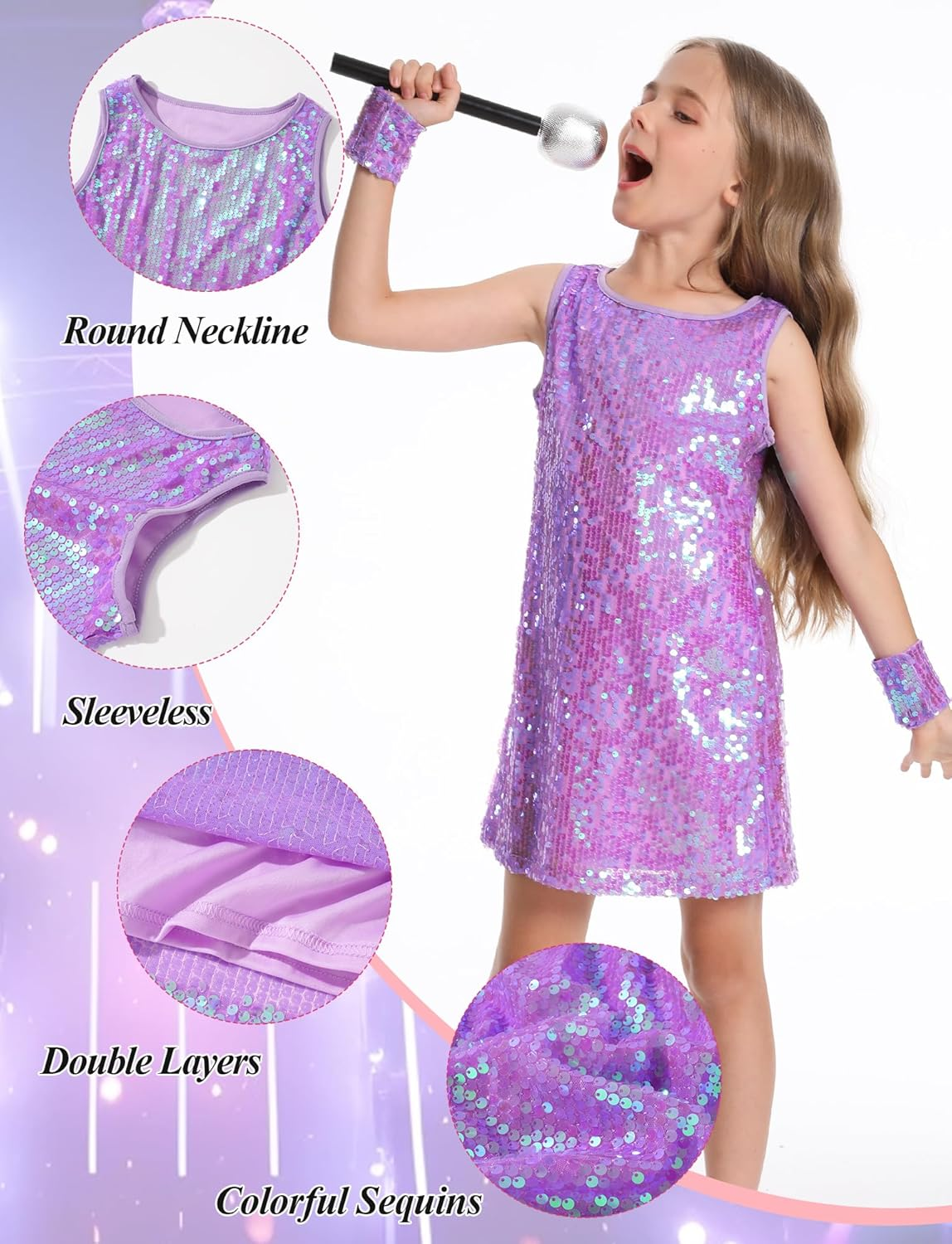 Happy Cherry Girls Sparkly Sequin Sleeveless Dress with Bracelets Microphone Prop Princess Birthday Party Dresses 5-13 image number 3