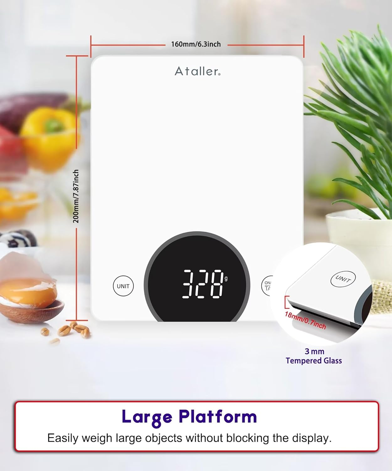 Ataller Digital Food Scale, Tempered Glass Panel, 10Kg/22Lb Capacity, Kitchen Weighing Scales with LED Display and 1G Increments for Baking, Cooking, Keto and Meal Prep, White image number 2