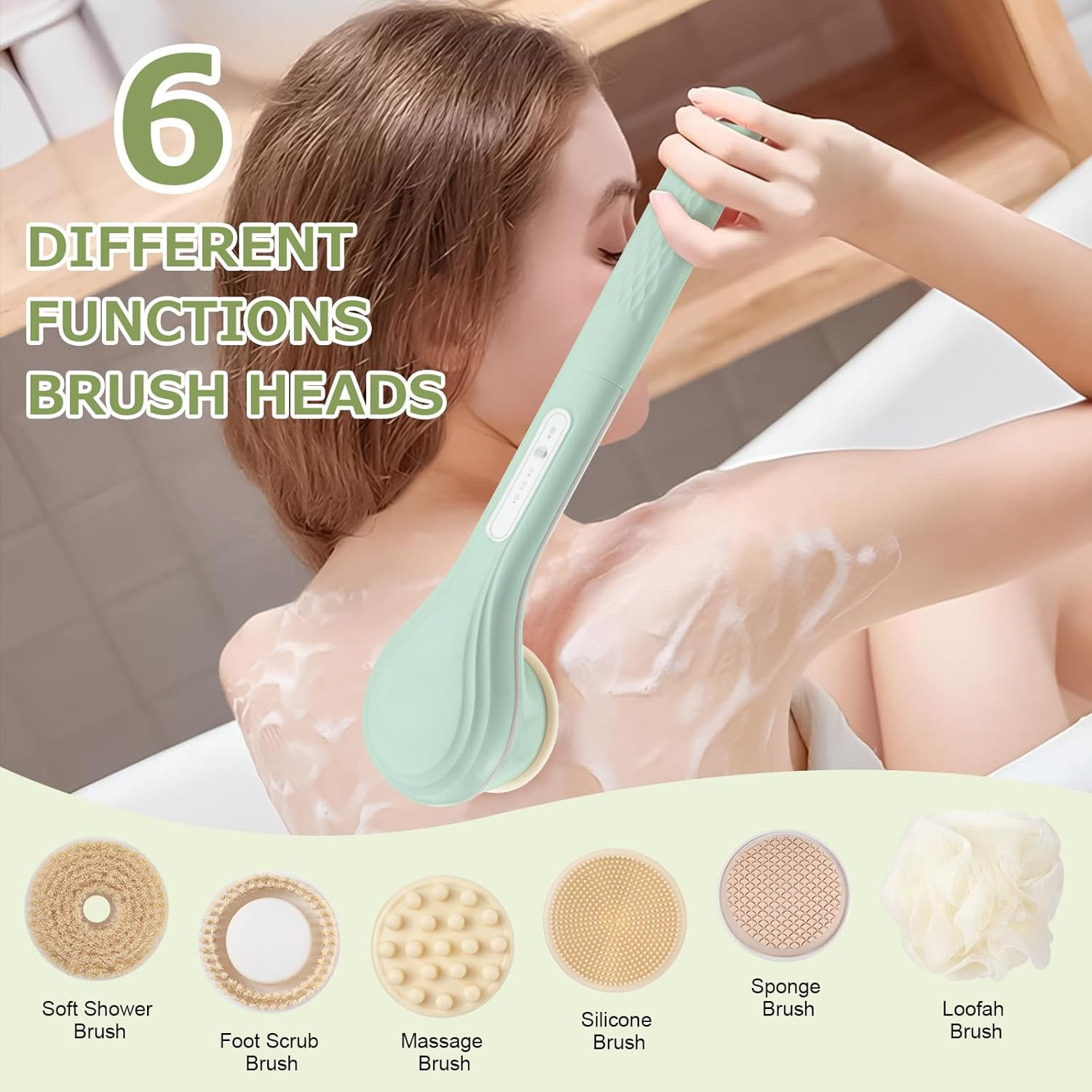LINGSFIRE Electric Body Bath Brush, Rechargeable Back Scrubber for Shower, Long Handle Exfoliating Bath Brush for Shower, Lotion Applicator for Back, Silicone Body Scrubber with 6 Shower Brush Heads image number 1