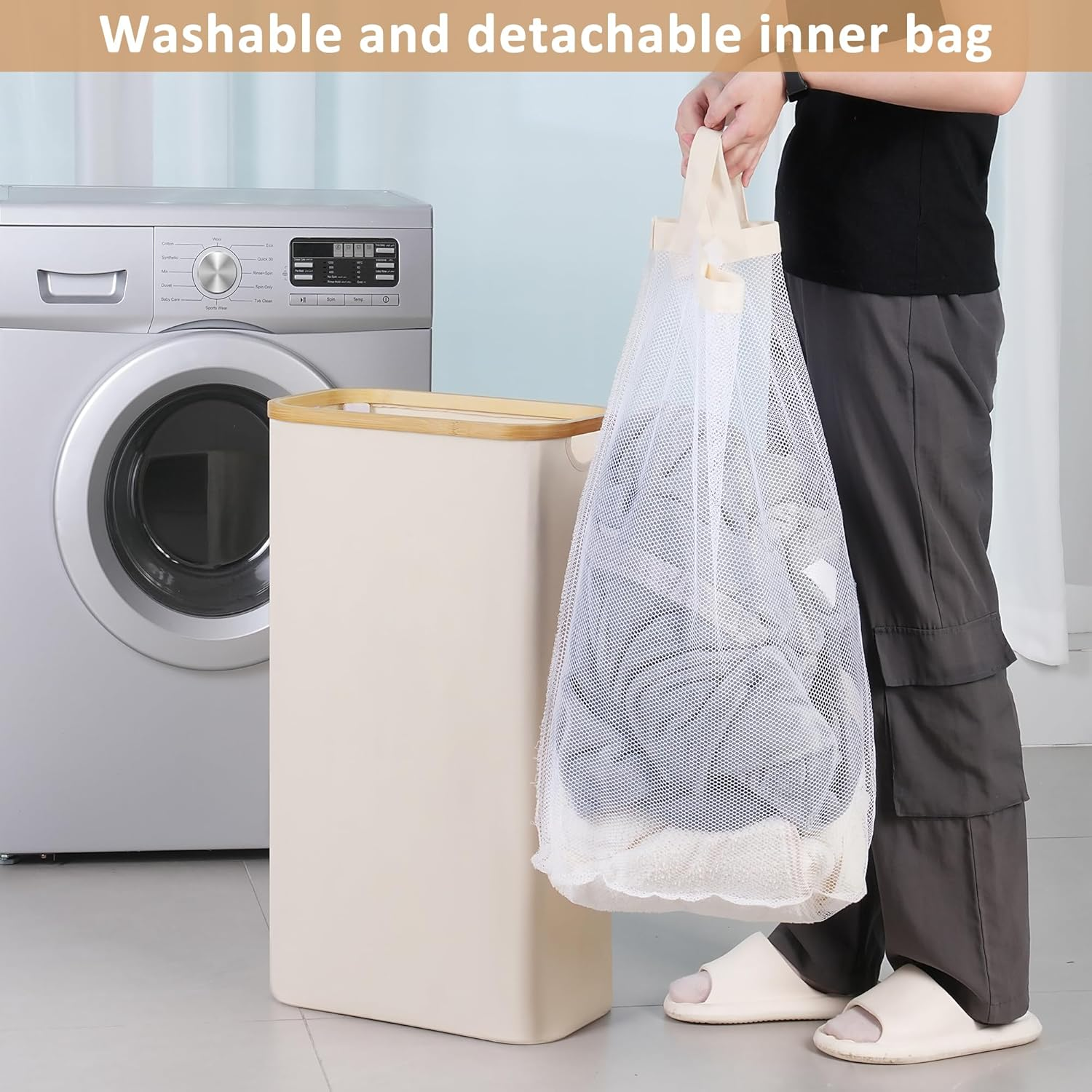 60L Slim Laundry Basket with Lid,Hampers for Laundry,Narrow Laundry Hamper with Removable Inner Bag & Bamboo Handles,Tall Thin Clothes Hamper for Clothes Toys Towels Organization（Beige ） image number 7