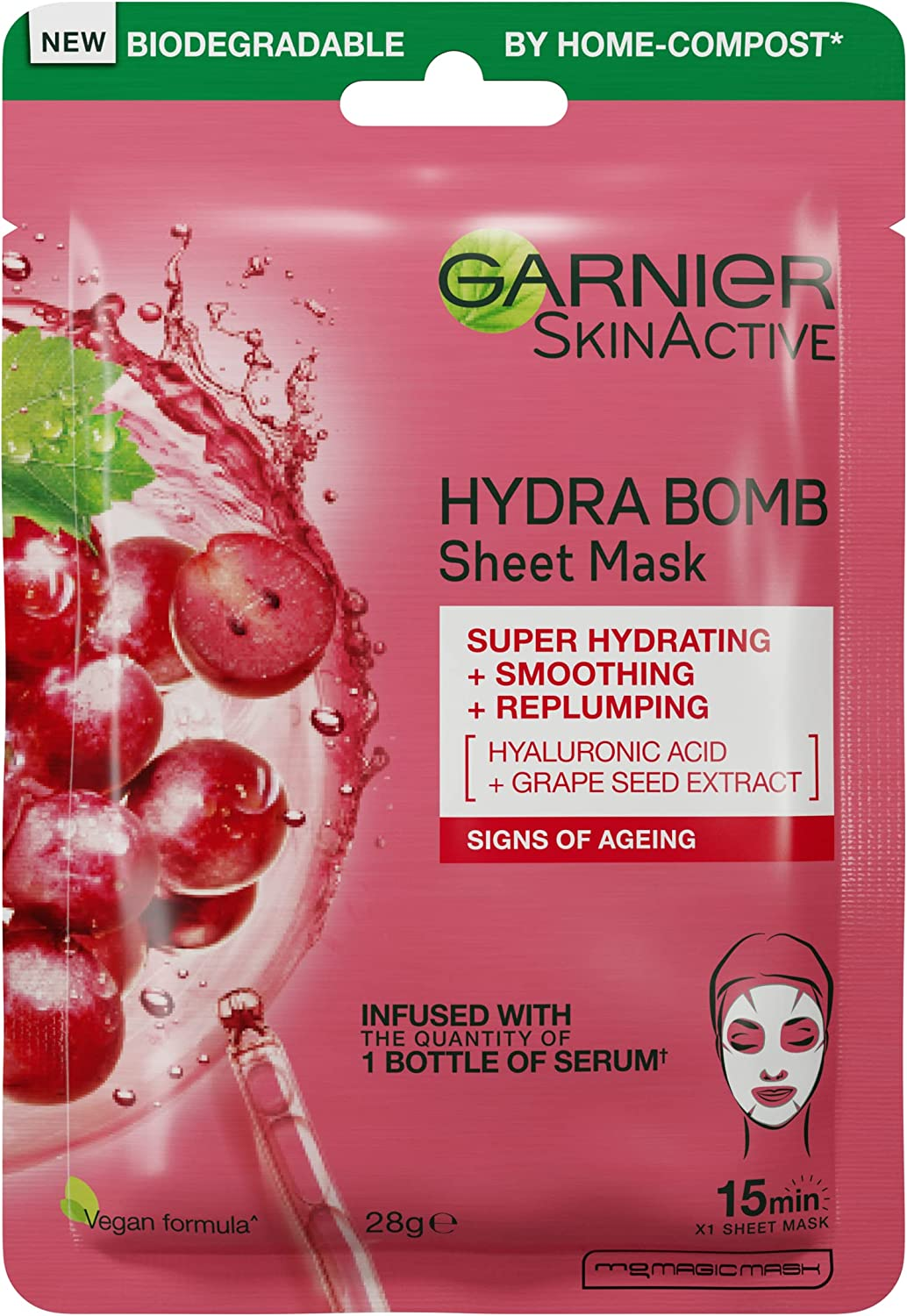 Garnier Hydra Bomb Hyaluronic Acid Grape Seed anti Ageing Sheet Mask (3 Pack) image number 1