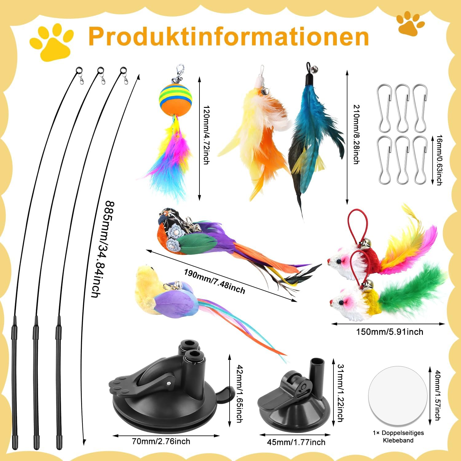 ENUTROF Interactive Cat Toy, Self-Employment Feather, Pack of 12, Cat Toy, Cat Feather, Toy with Suction Cup, Bird Cat Wand for Small Large Cats image number 3