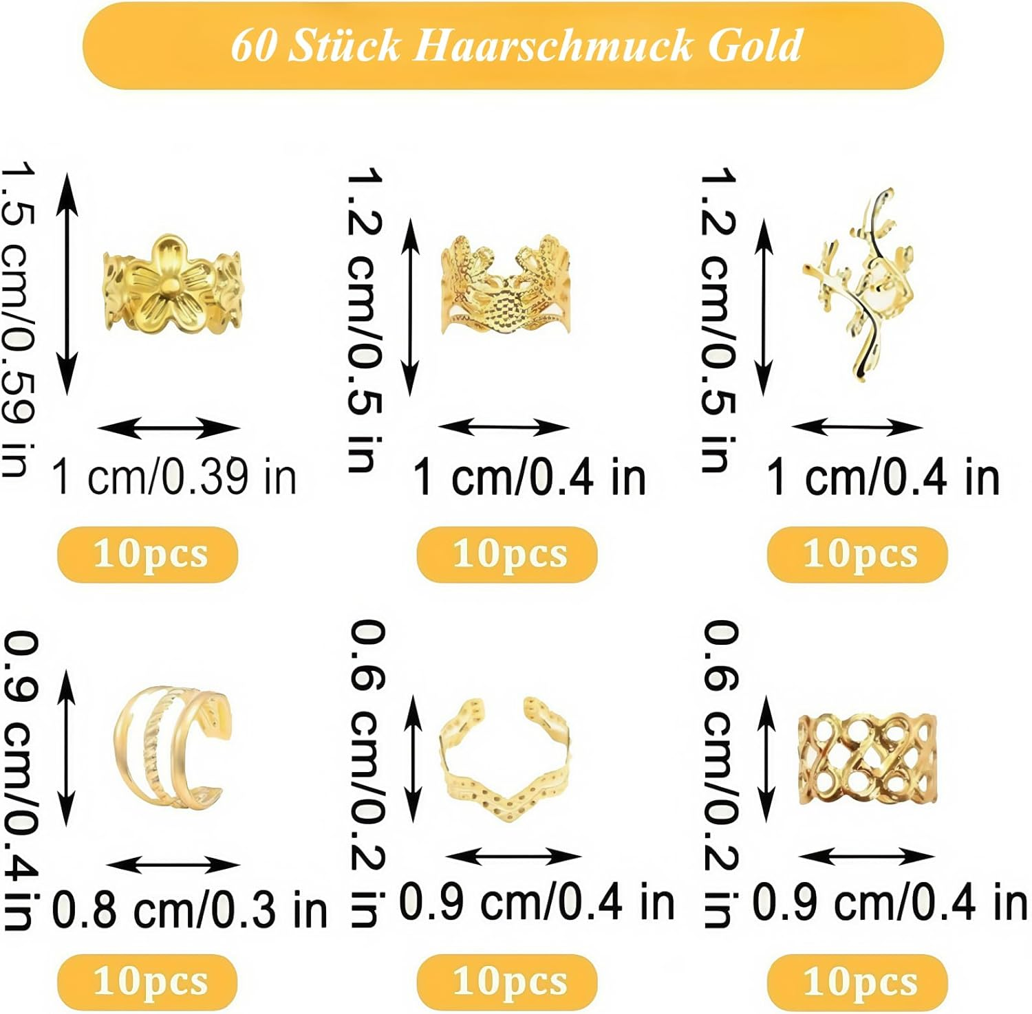 TANSAR Pack of 60 Gold Hair Accessories, Dreadlocks Jewellery, Metal Hair Beads Clips, Hair Accessories, Hair Accessories for Women and Men image number 4