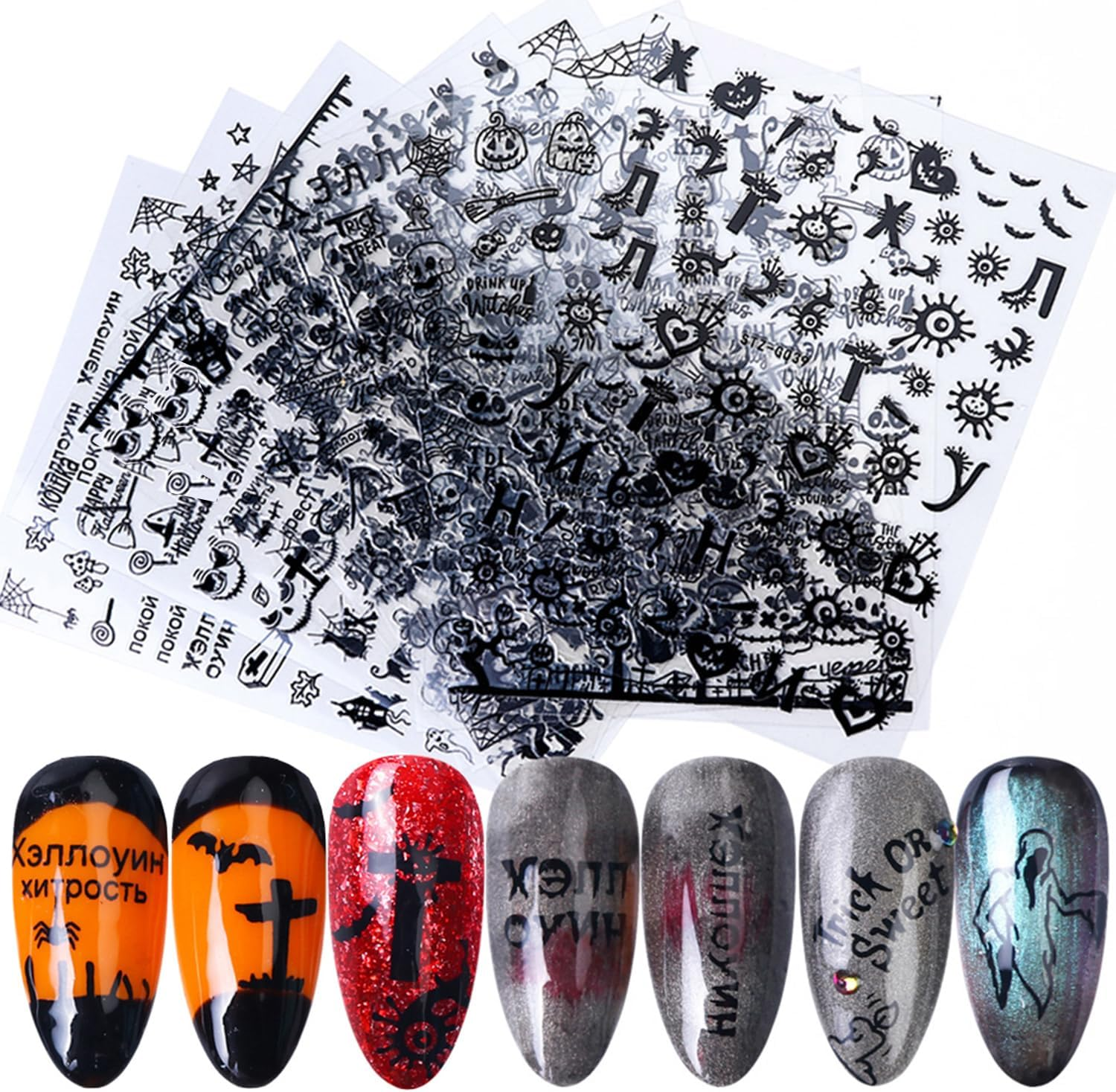 Halloween Nail Art Stickers Decals Laser Glitter 3D Self-Adhesive Nail Design Day of the Dead Skull Witch Pumpkin Ghost Gross Eye Spider Nail Supplies for Women Manicure Tips Decoration (9 Sheets) image number 2