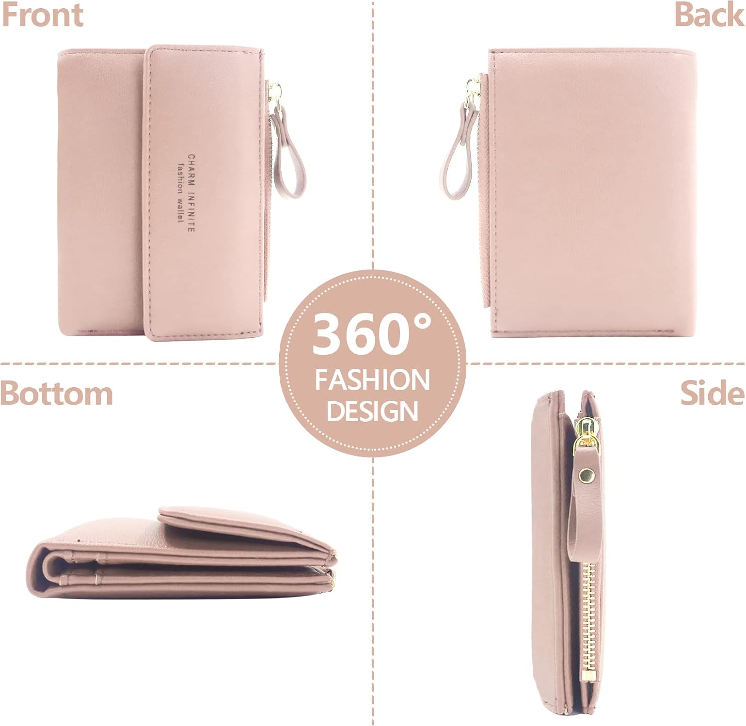 Bifold Leather RFID Blocking Wallet for Women Mini Ladies Purse with Coin Pocket, with Zipper Buckle, Credit Card Holder Coin Purse PU Small Short Wallet (Pink) image number 1