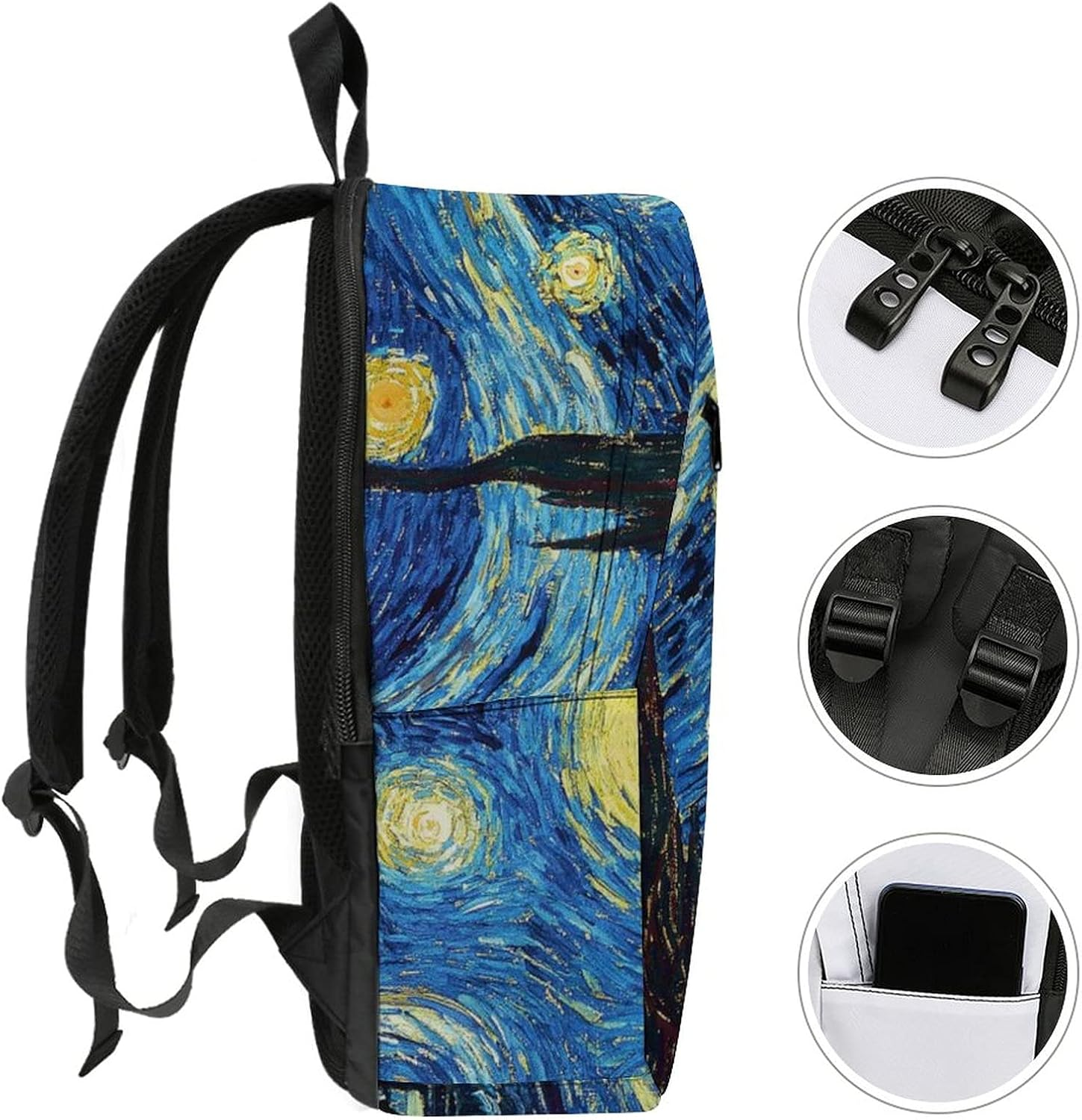 Oxford Cloth Half Full Print Backpack Vincent Van Gogh School Backpack for Girls,Adjustable Shoulder Waterproof image number 4