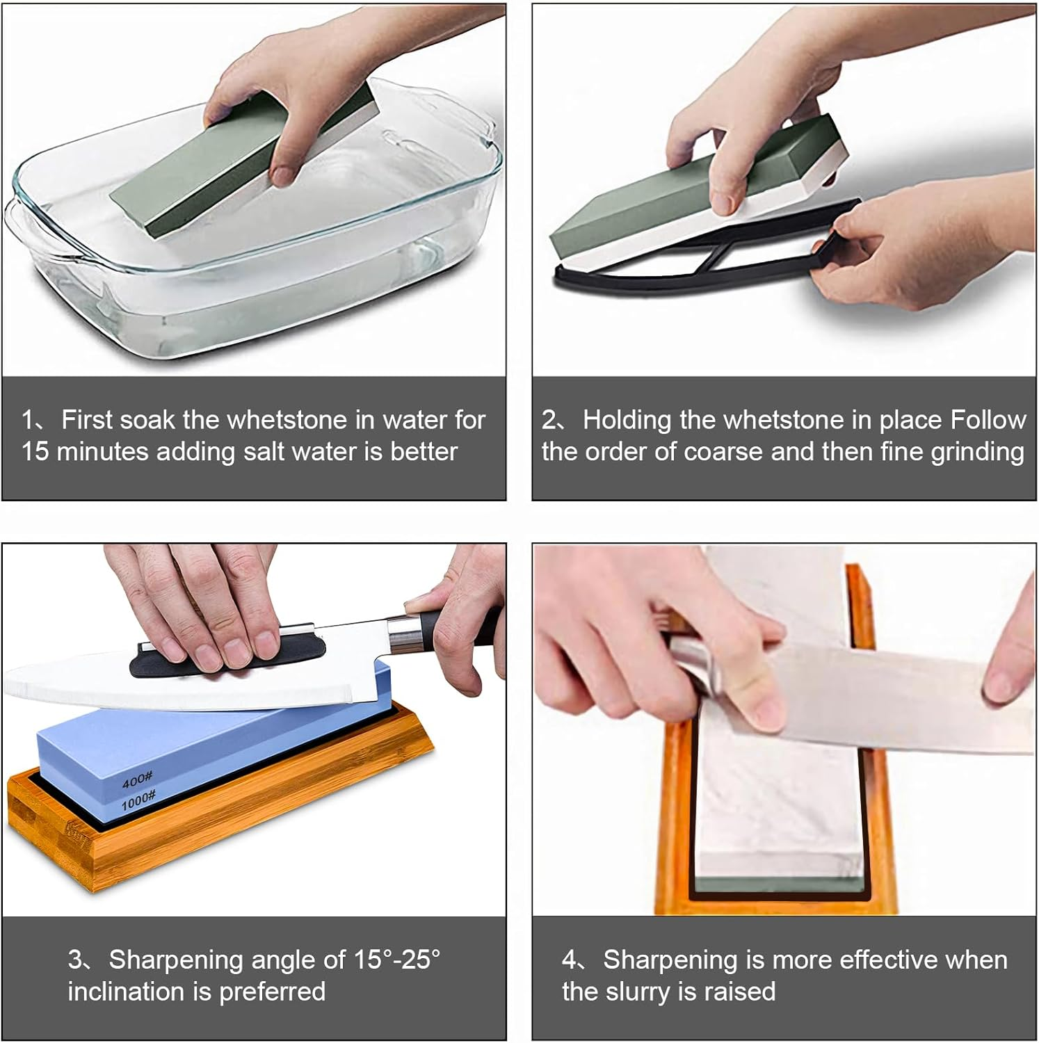 TFMODBFA Knife Sharpening Stone Set - 2 Side Grit 400/1000 3000/8000 Kitchen Knife Sharpener Stone, Professional Kitchen Sharpener Stone Includes Non-Slip Rubber Bases, Flattening Stone image number 5