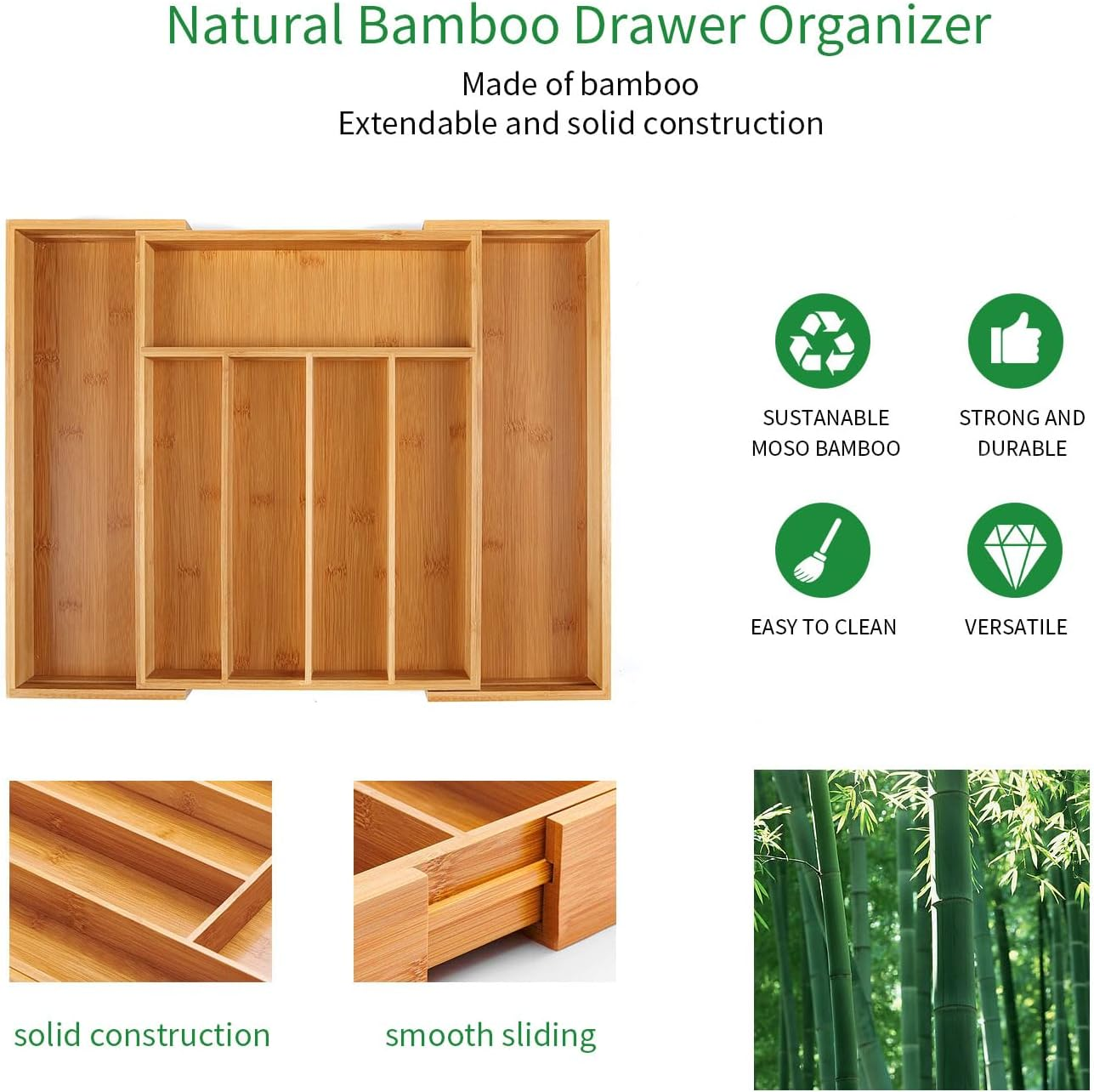 Utoplike Bamboo Expandable Cutlery Organizer Tray, Kitchen Drawer Organiser, for Silverware, Flatware, Utensils, Cutlery, Accessories or Gadgets (Natural) image number 4