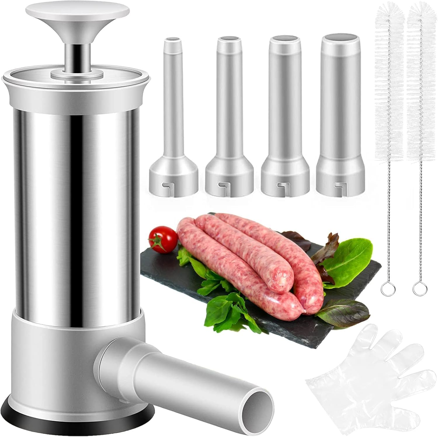 Sausage Stuffer Machine W/4 Stuffing Tubes, Meat Stuffer Sausage Filling, Homemade Manual Vertical Sausage Maker Tool Kit for Household Kitchen, 2.2 LBS Large Capacity